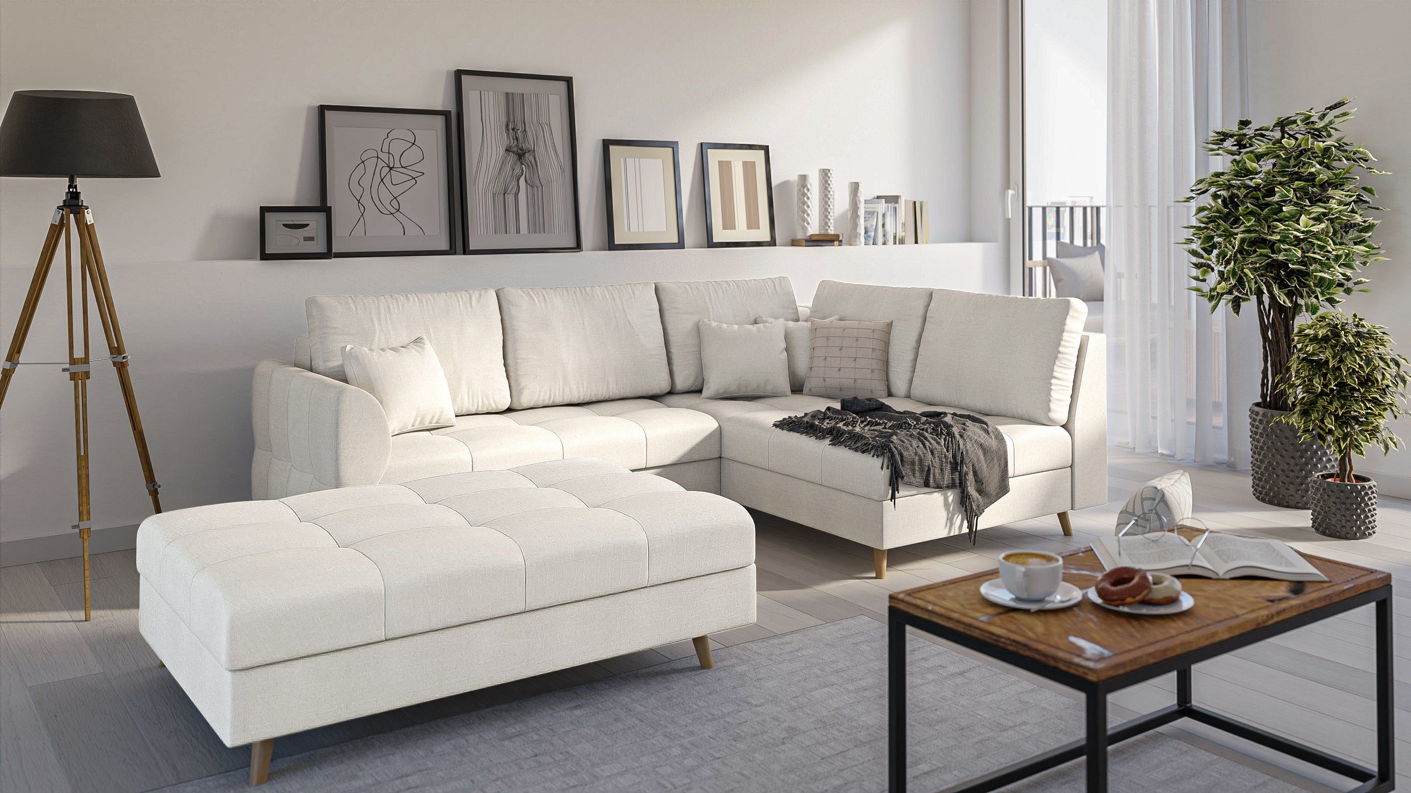 S-Style Möbel Polsterhocker Cuba mit Holzfüßen im skandinavischen Stil, mit Wellenfederung