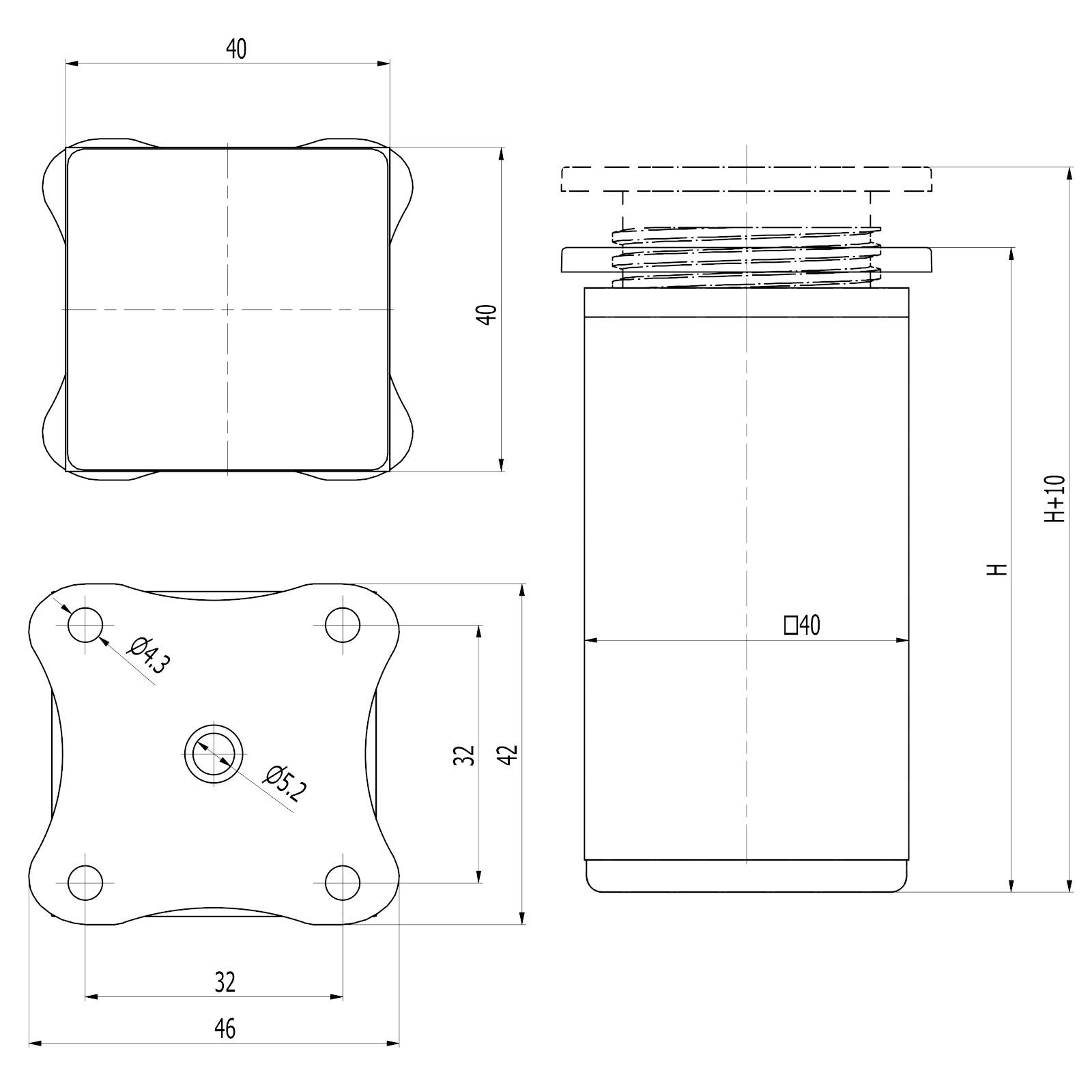 SO-TECH® Möbelfuß QUEBEC weiß, höhenverstellbare Möbelbeine aus Aluminium, (4-St), Höhe 60 mm (10 mm) 40 x 40 mm, passend für feststehende Möbel