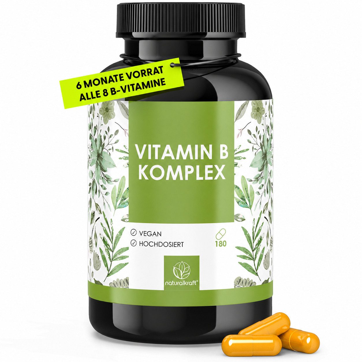 Naturalkraft Vitamin B Komplex – 8 B-Vitamine, 180 Kapseln, vegan & geprüft Kapseln, 108 g