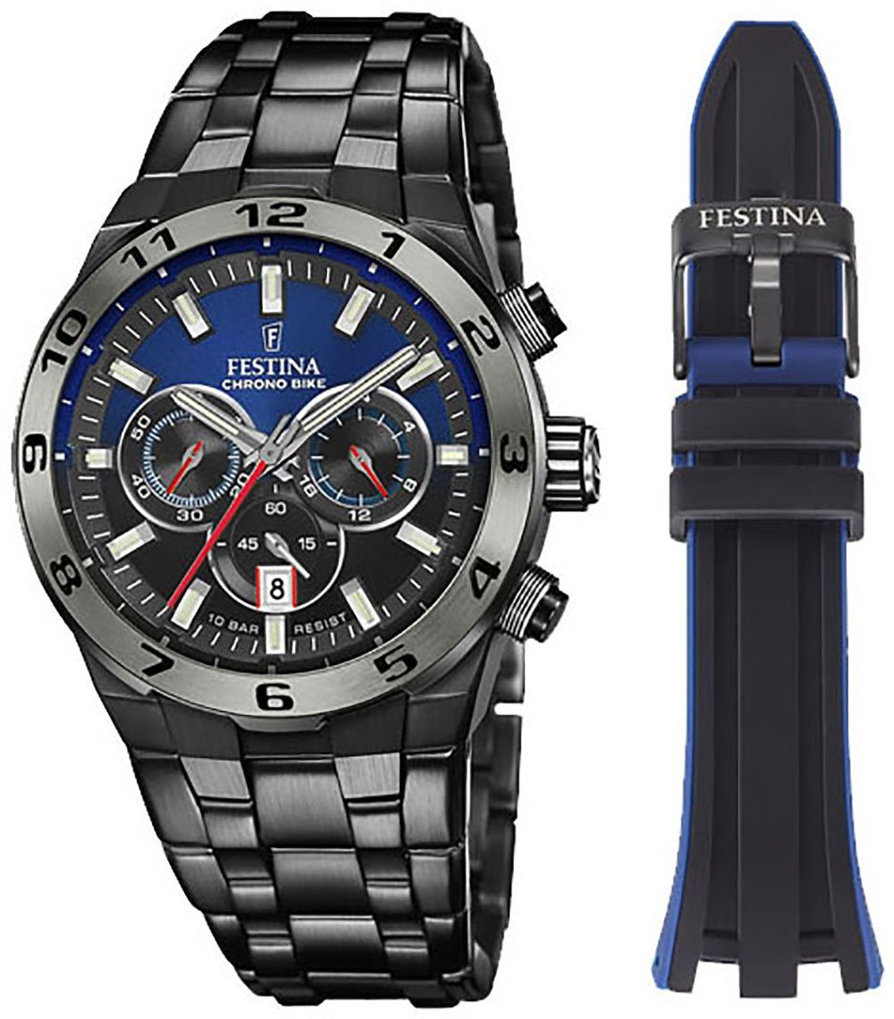 Festina Chronograph Chrono Bike 2024, (Set, 3-tlg., Uhr mit Wechselband und Werkzeug), Armbanduhr, Quarzuhr, Herrenuhr, Stoppfunktion, Special Edition