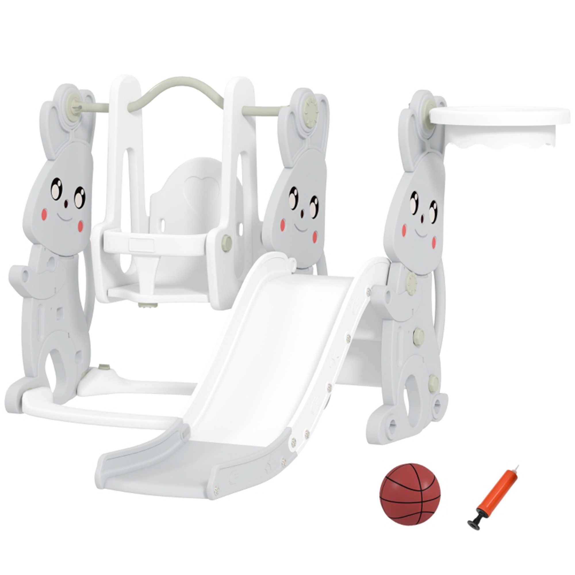 Rutsche 4-in-1 Kinderrutsche mit Schaukel, Klettergerüst, Basketballkorb