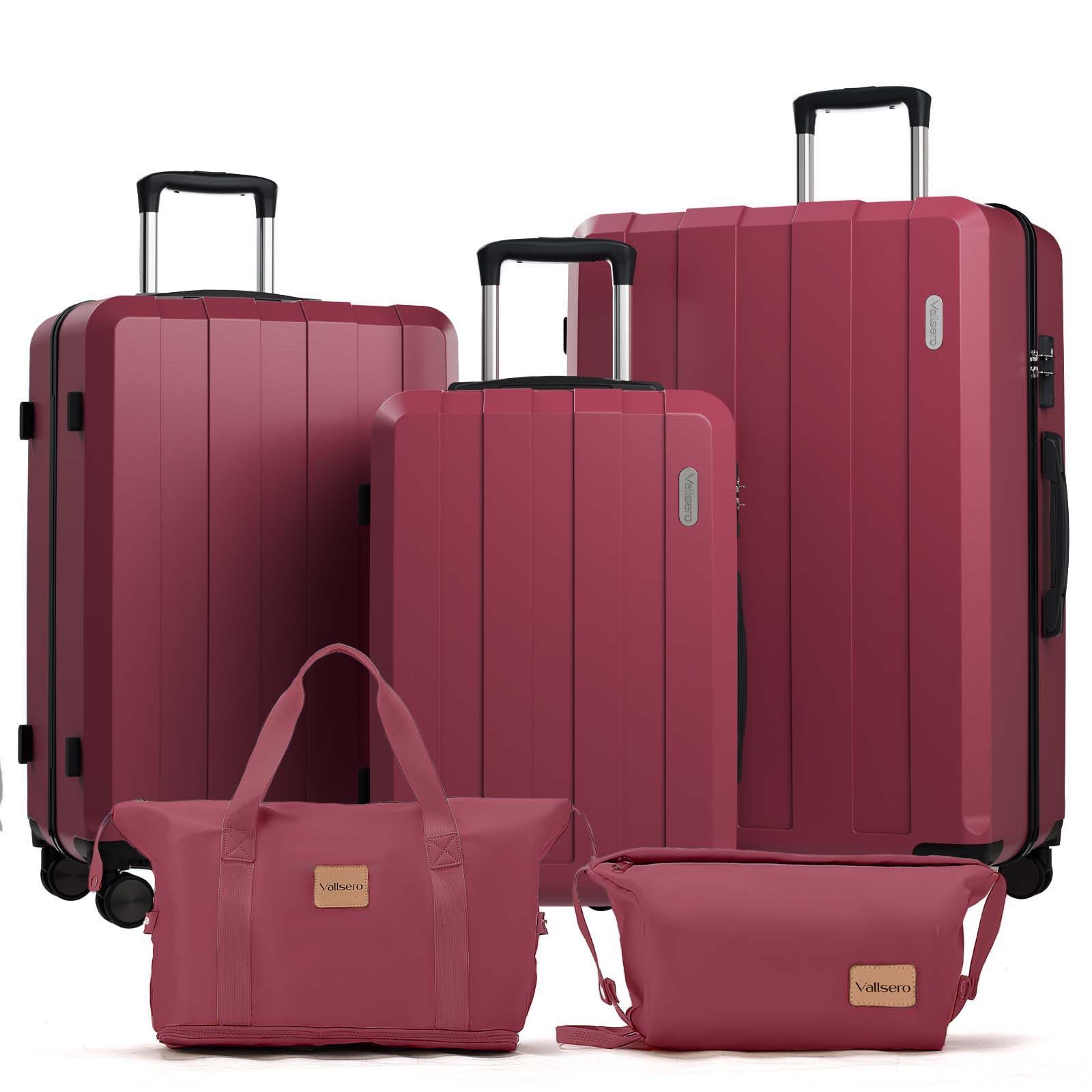 VALLSERO Trolleyset Koffer-Set( M,L,XL) Hartschalen-Koffer, Rollkoffer 5-teiliges Set, (Hartschalen Trolley + Schulranzen, Kosmetiktaschenset), Handgepäck 4 Rollen, ABS-Material, Schwarz/Pink