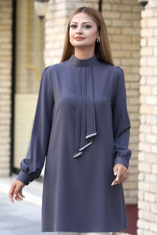 Modavitrini Longtunika Damen Tunika Fashion Krawatten Detail Modest Mode Hijab lange Tunika Anthrazit