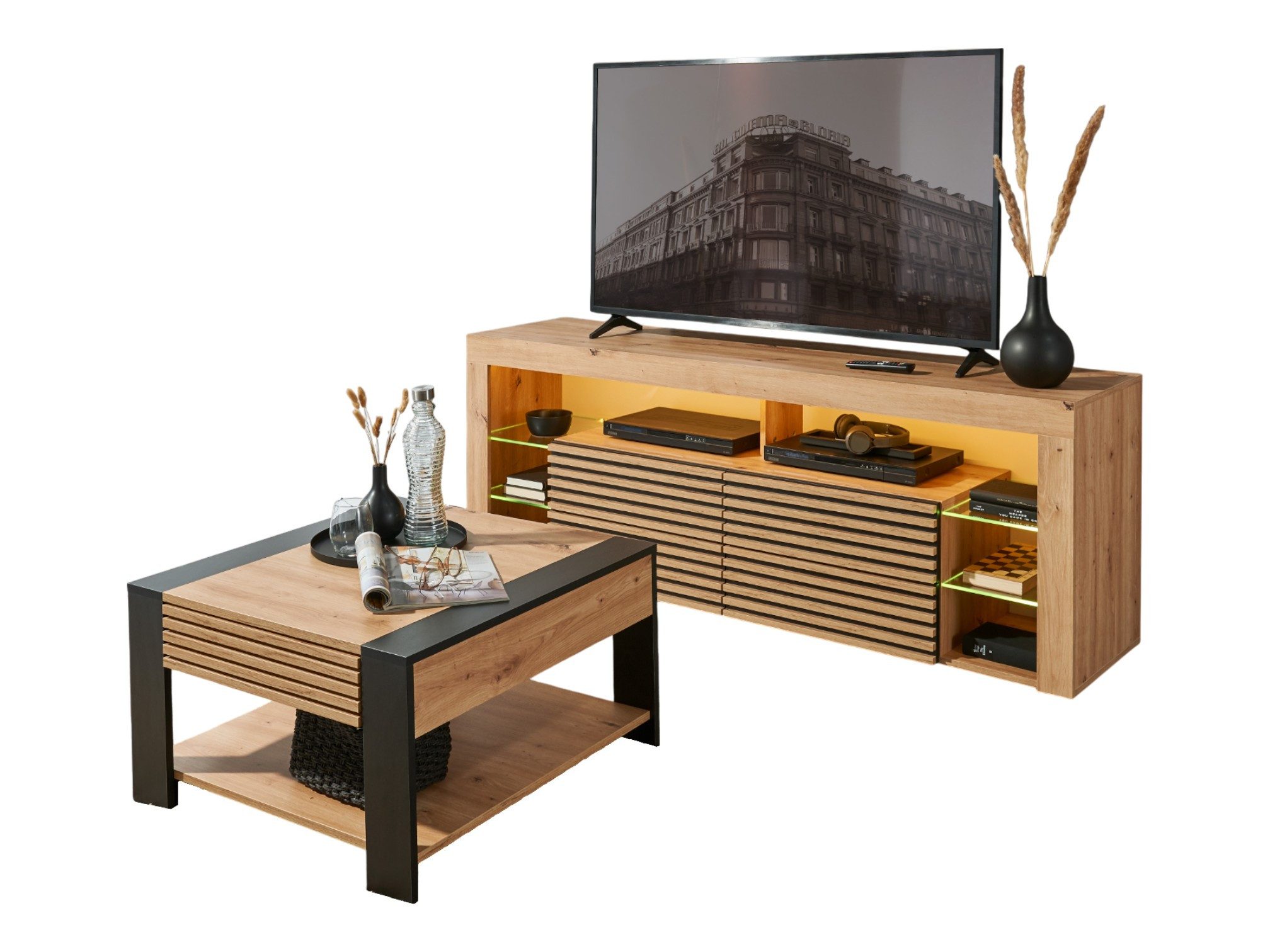 moebel-dich-auf Lowboard Firenze 2 (Wohnzimmer Set 2 tlg., Artisan Eiche Dekor mit aufgesetzten Stäbchen, 1x Couchtisch, 1x Tv-Lowboard)