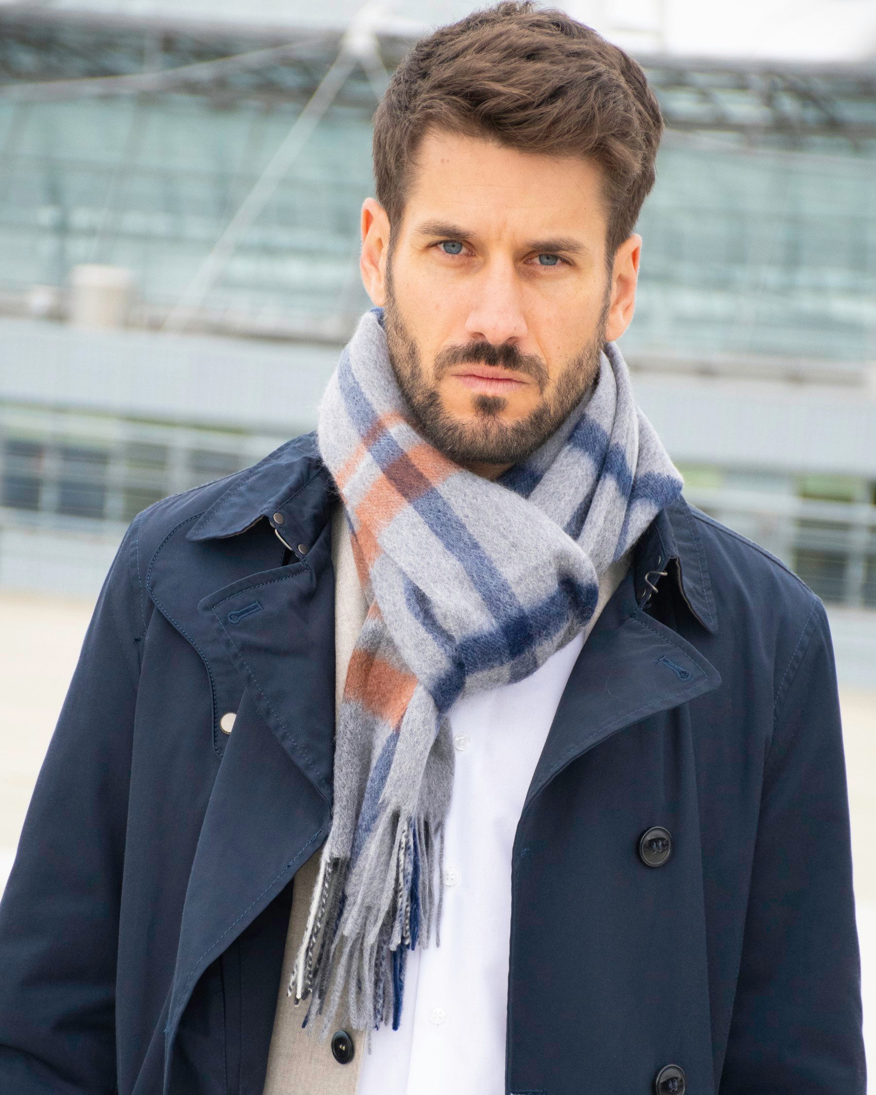 MayTree Kaschmirschal Unisex, 180 x 30cm, mit Fransen, gewebt Tartan grau weiss blau, (Stück, 1-St), 100% Kaschmir