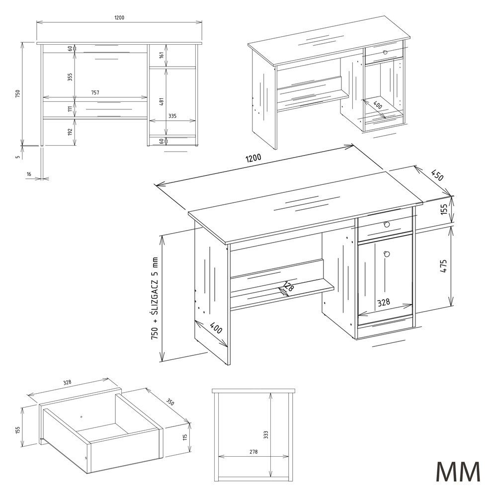 Raumhirsch Furniture Schreibtisch Computertisch, Bürotisch, Lerntisch, Arbeitstisch (Maße 120 x 45 x 75 (H) cm, Schublade, Schrank), Rollenführungen, Ergonomisches Design