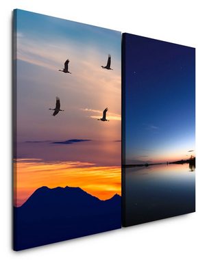 Sinus Art Leinwandbild 2 Bilder je 60x90cm Kraniche Vögel Berge Japan See Sonnenuntergang Fliegen