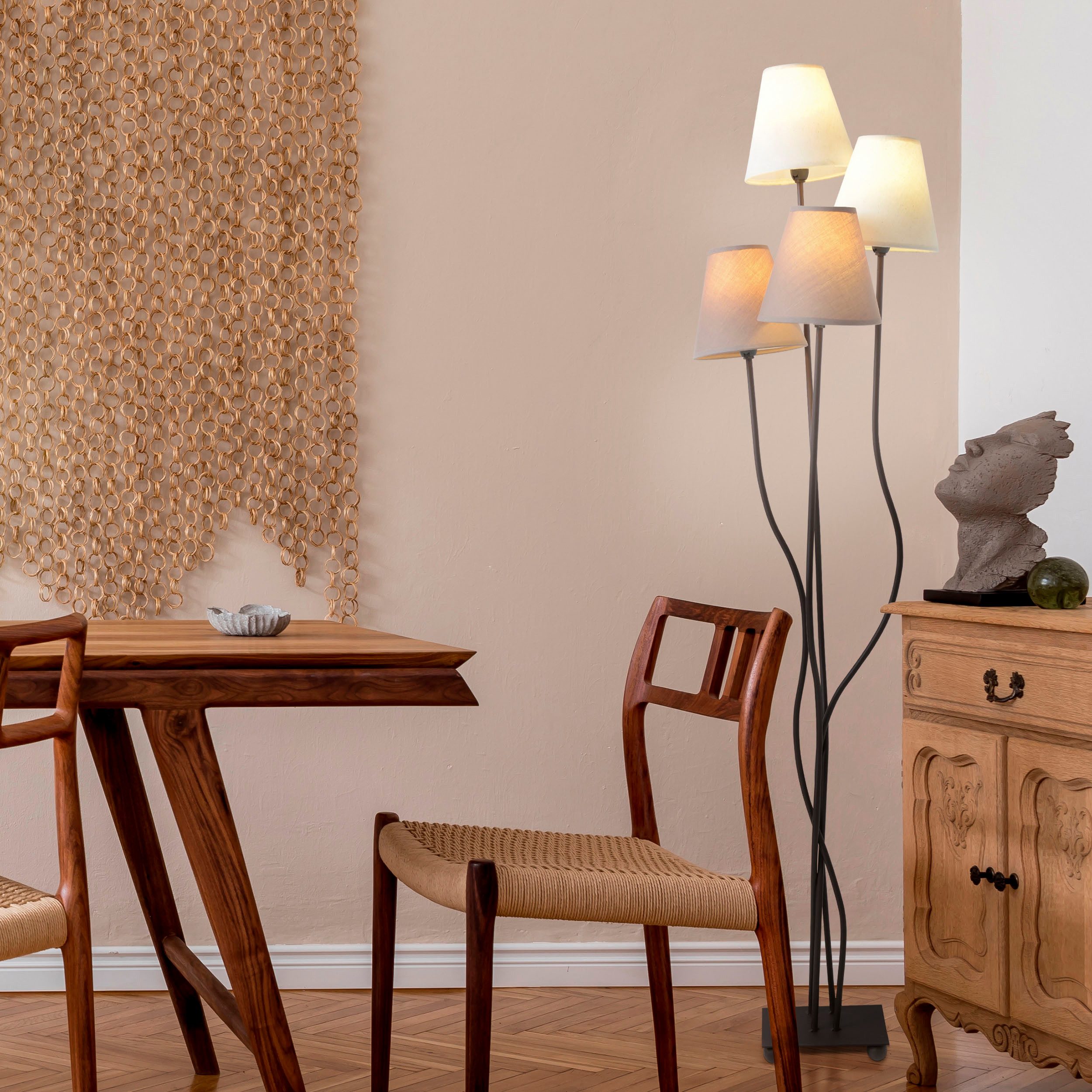näve Stehlampe Boho, ohne Leuchtmittel, 4flg., E14, Textilschirme 2x beige, 2x braun, inkl. Fußschalter