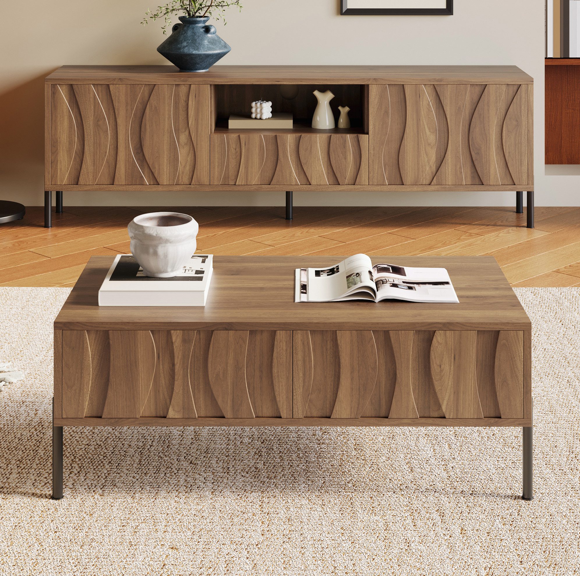 OKWISH Wohnzimmer-Set Wohnzimmer-Möbelset mit Couchtisch & TV-Schrank, (1-St., Natur, Holzmaserung, Couchtisch: 105×41×55 & TV: 160×46×35 cm), offene Ablage, Schubladen, geschlossene Fächer