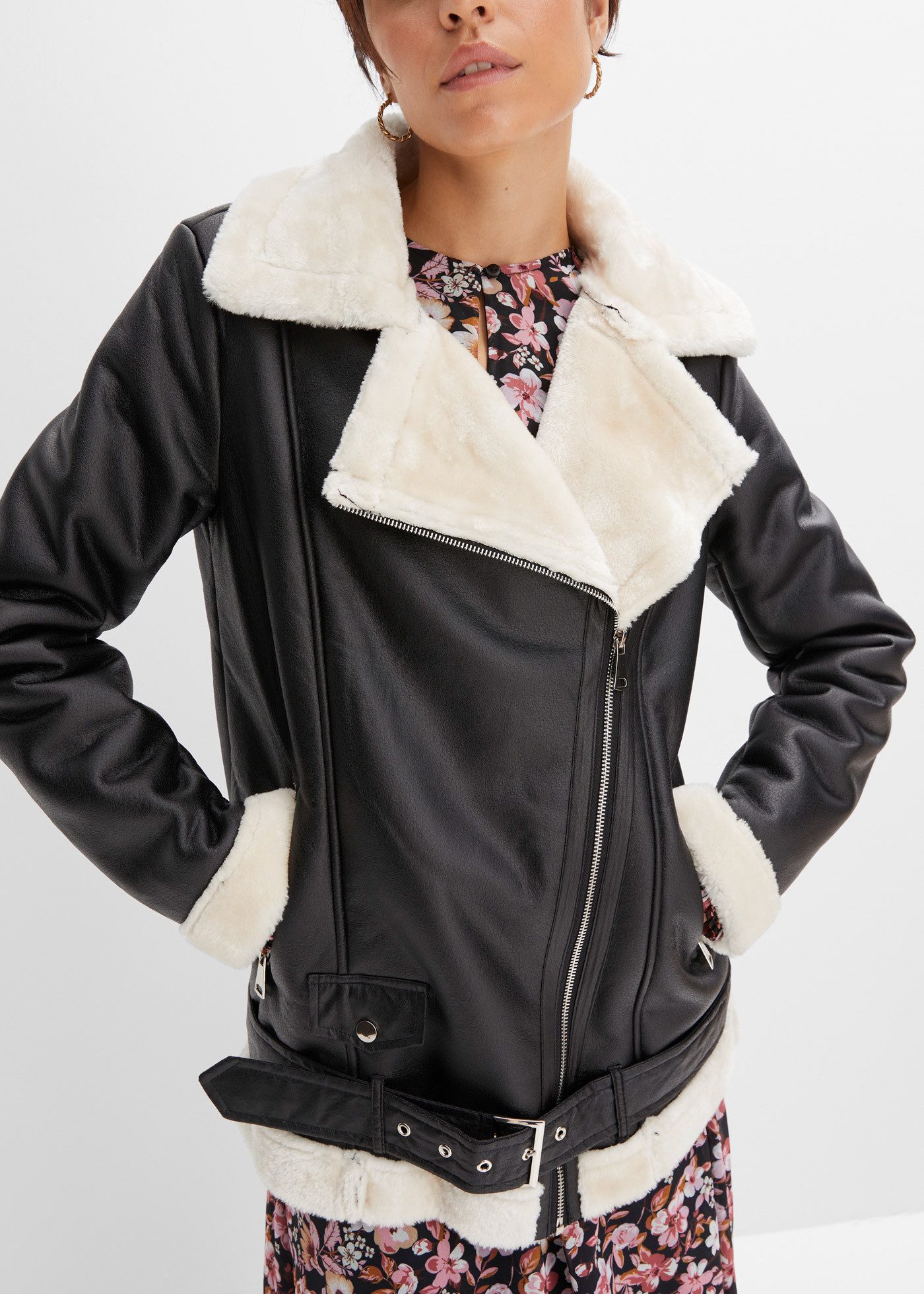 bonprix Bikerjacke unifarbenes Design mit Farbeinsätzen, mit Fellimitatkragen