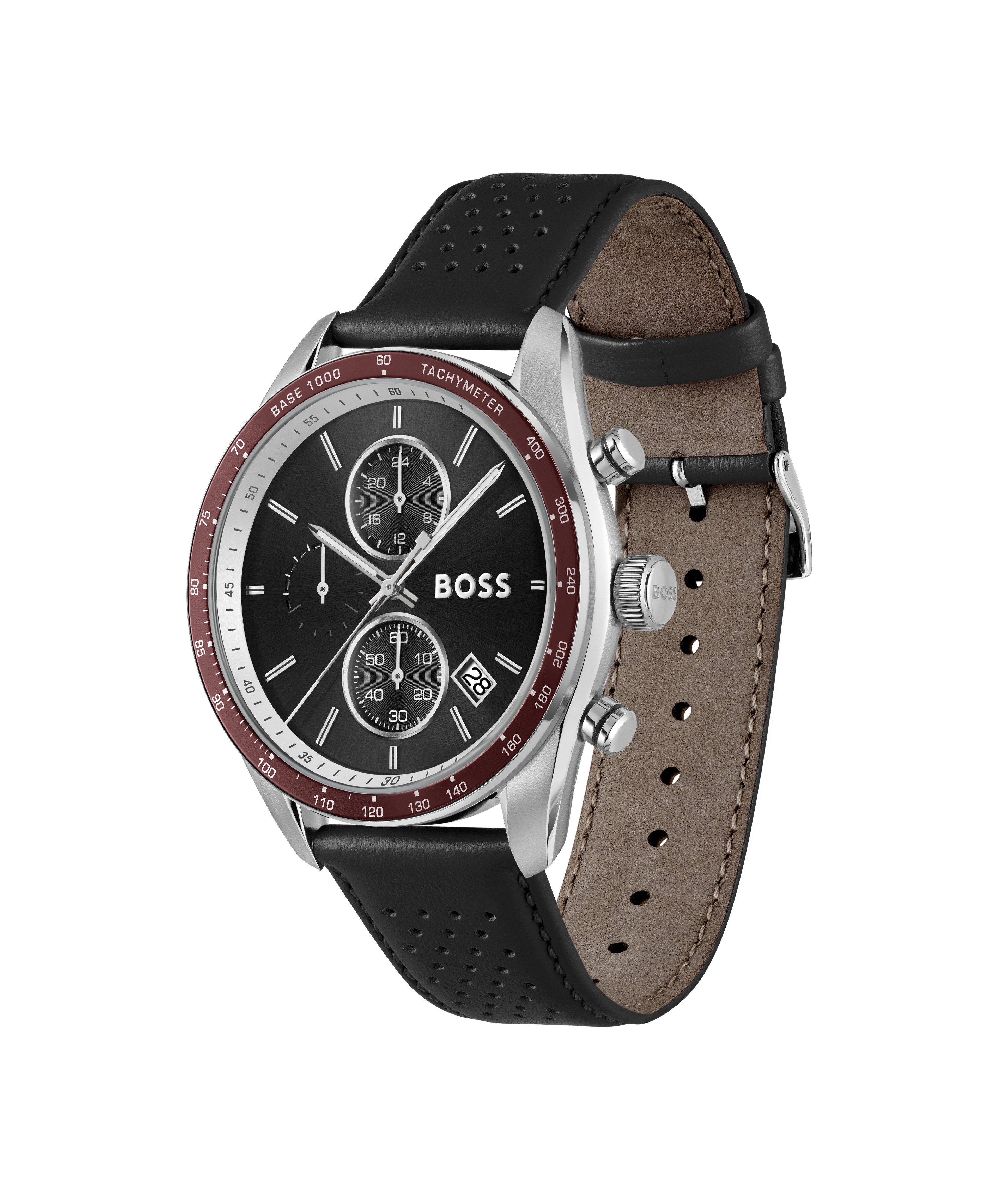BOSS Chronograph GRAND PRIX 1514343, Quarzuhr, Armbanduhr, Herrenuhr, Lederarmband, analog, Tag