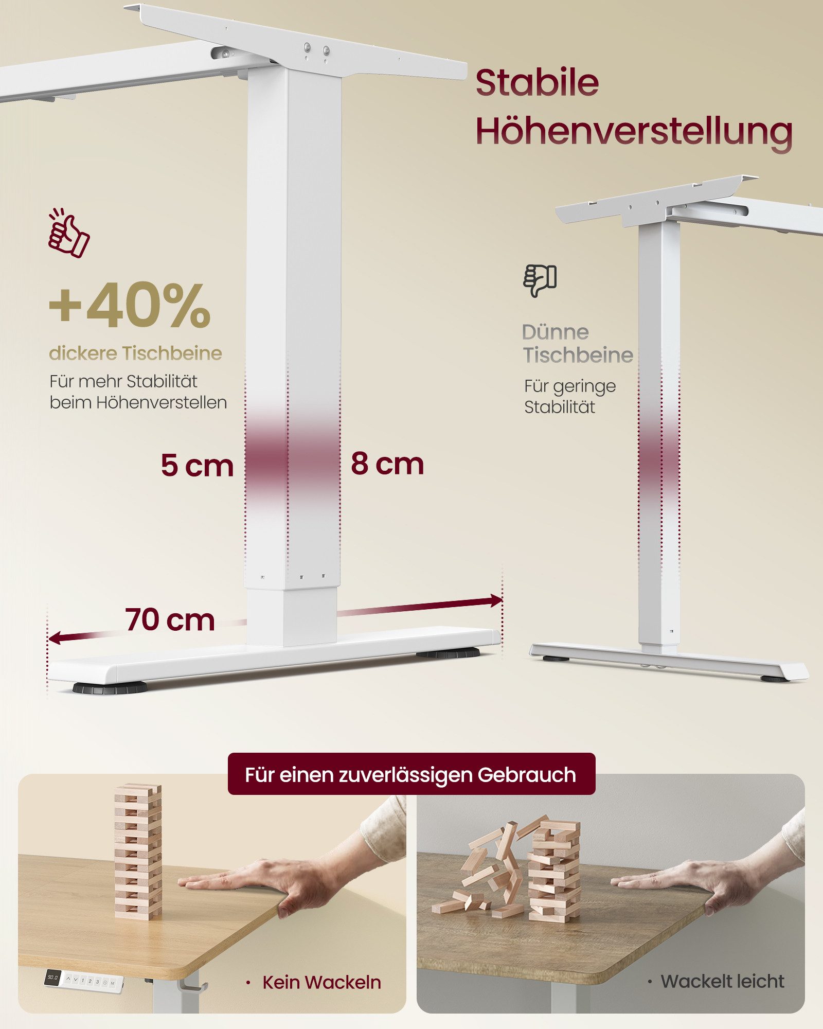 VASAGLE Schreibtisch Höhenverstellbarer, USB-C-Anschluss, Erinnerung bei langem Sitzen, Ablage für Steckdosenleiste, 3 Speichertasten, 140/160/180cm – Bild 4 von 5
