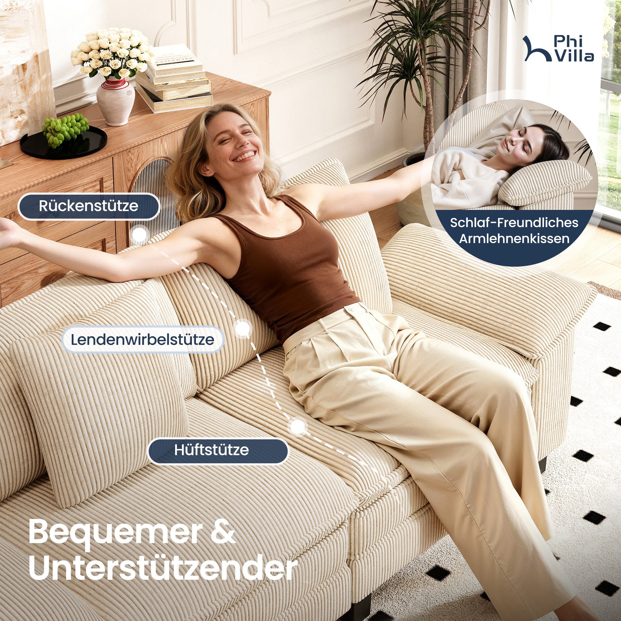 PHI VILLA Ecksofa L-Form Couch, 4-6-Sitzer-Sofa, Modulare Sofas inklusive Zierkissen und Ottomane für das Wohnzimmer