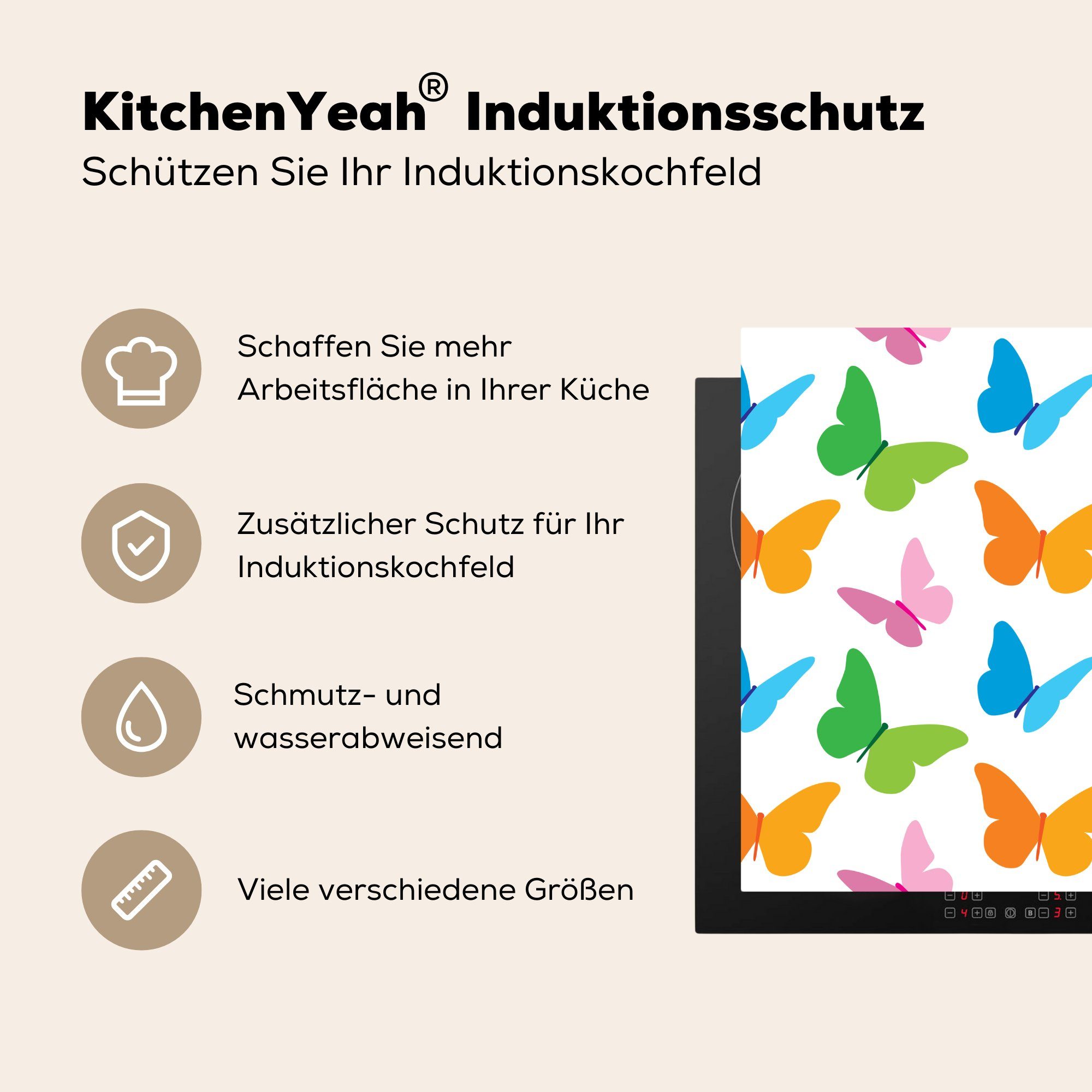 MuchoWow Herdblende-/Abdeckplatte küche Illustration cm, 78x78 mehreren für Arbeitsplatte Eine Vinyl, (1 Ceranfeldabdeckung, Schmetterlingen, tlg), von