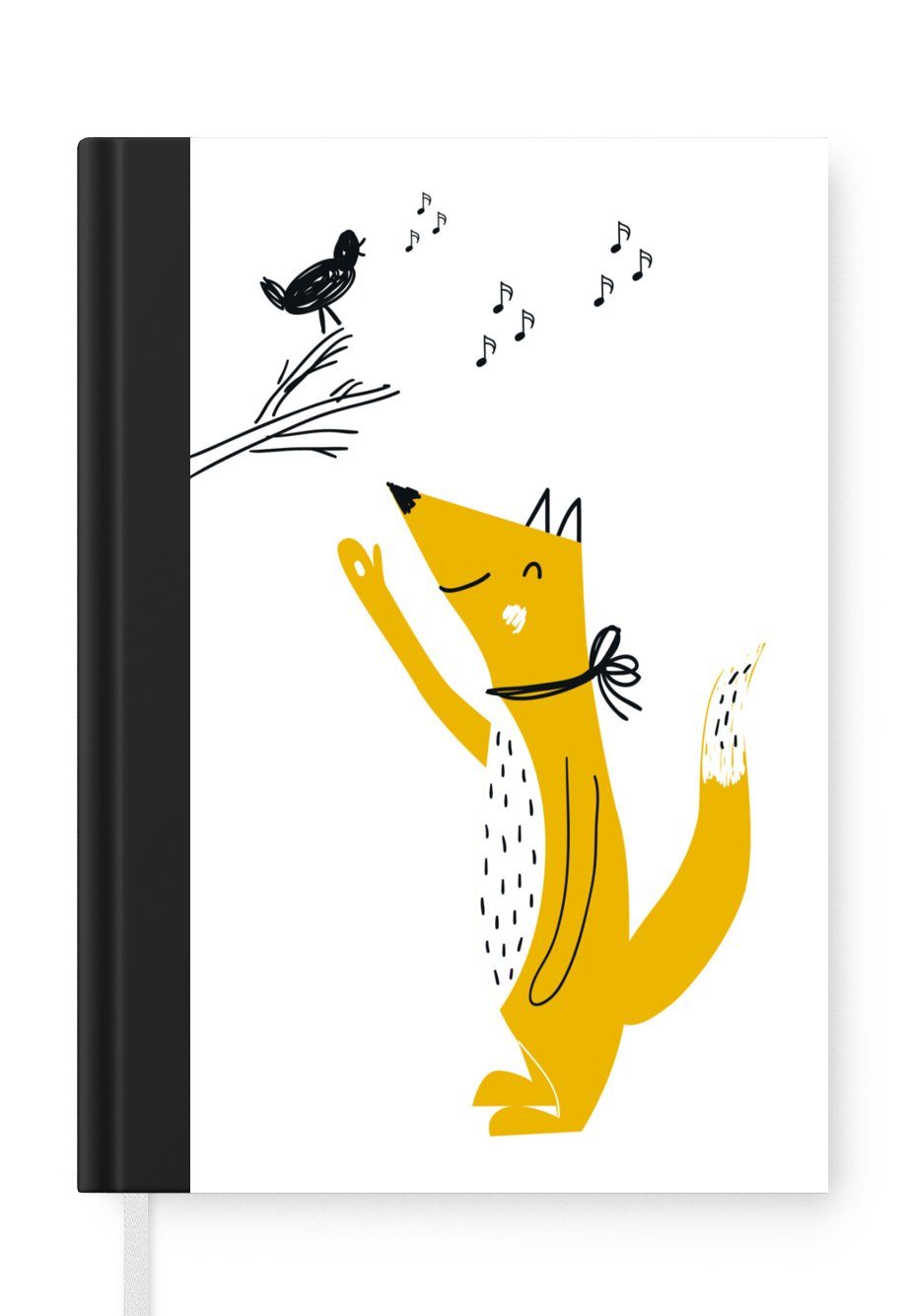 MuchoWow Notizbuch Kinder Illustration mit einem Fuchs und einem singenden Vogel auf, Journal, Merkzettel, Tagebuch, Notizheft, A5, 98 Seiten, Haushaltsbuch