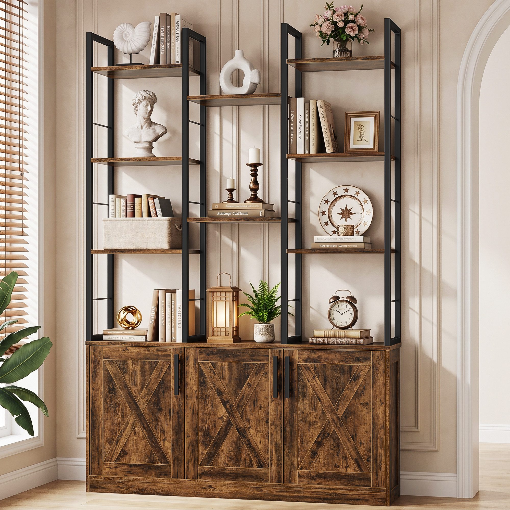 OYRREU Bücherregal 3-türiges Bücherschrank mit LED, offene Fächer, OTTO'S CHOICE, Ablageregal 1-St. 100x22x160 cm, viel Staumraum, mit Kippschutz, Holzmaserung, Raumteiler, Gestell aus Edelstahl
