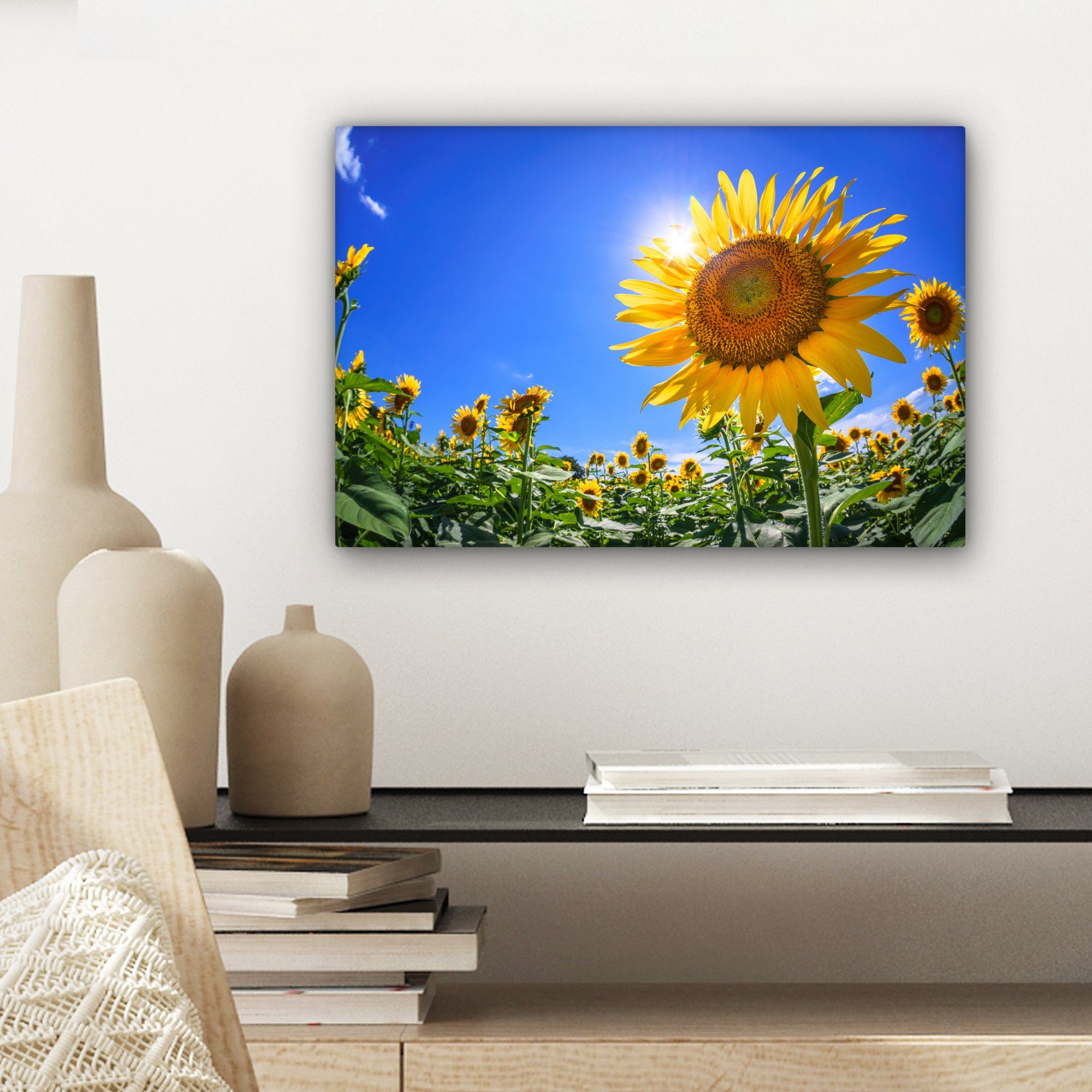 OneMillionCanvasses® Leinwandbild (1 30x20 Leinwandbilder, von cm Aufhängefertig, St), Wandbild Wanddeko, unten gesehen, Sonnenblumenfeld