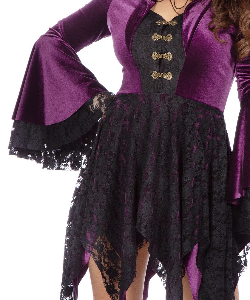 Karneval-Klamotten Hexen-Kostüm Damen Samt lila schwarz kurz hochwerig, Halloweenkostüm Frauenkostüm Hexe Damenkostüm Hexenkleid