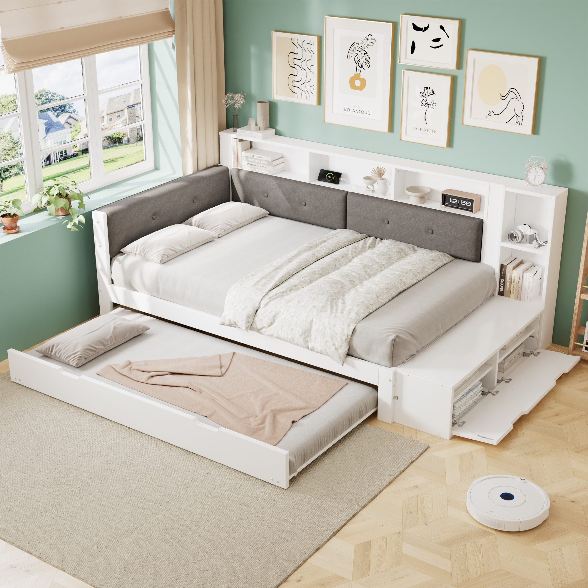 TavilaEcon Holzbett mit Ausziehbett, seitliche Ablagefächer & integrierte Ladebasis (1-tlg), mit Schuhbank am Fußende, 120×200&90×190cm, weiß