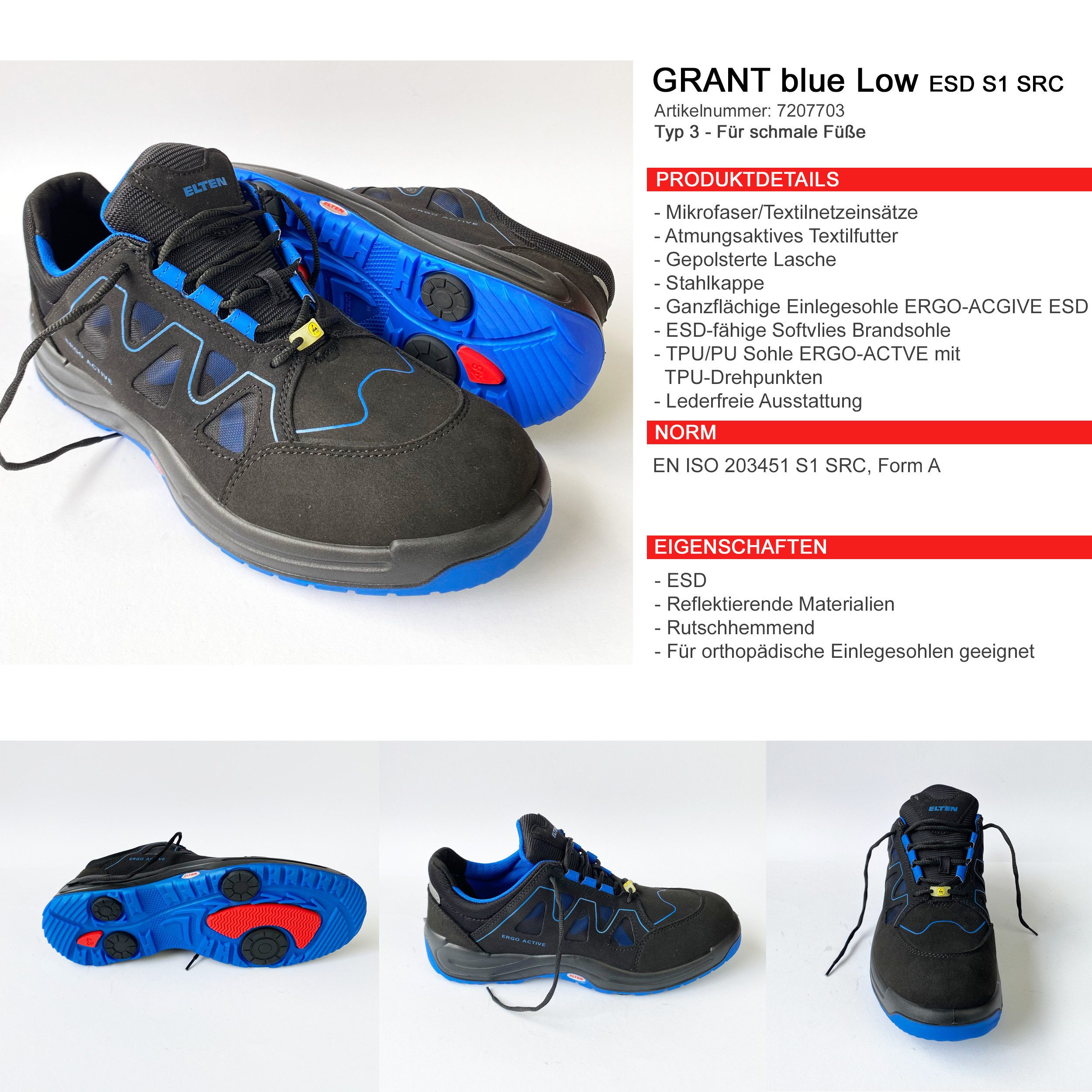 ELTEN GRANT Low ESD S1 SRC Sportliche Sicherheitssneaker Herren Sicherheitsschuh Sportliche Sicherheitssneaker für Herren