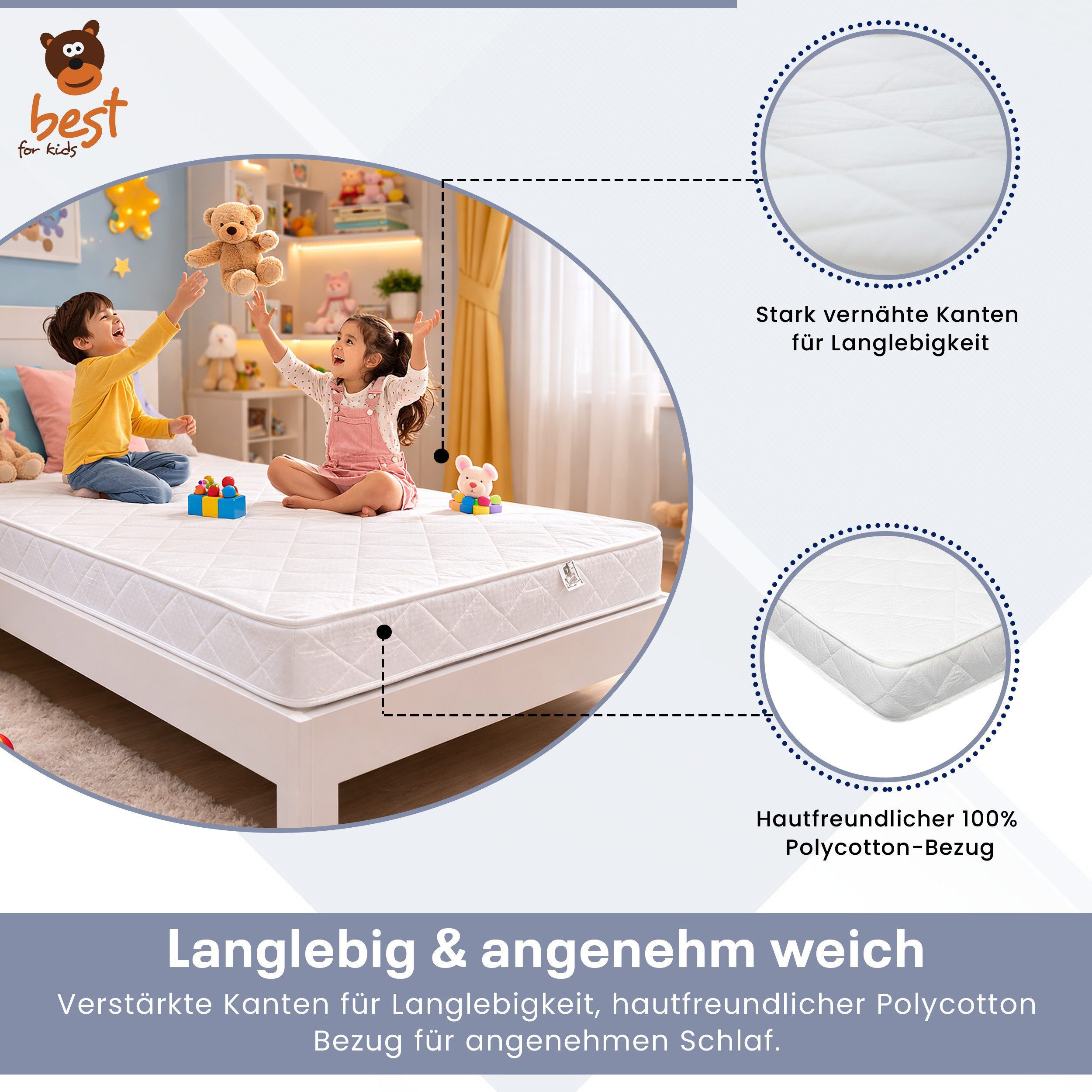 Kindermatratze Best For Kids Babymatratze – Weich, Zertifiziert & Atmungsaktiv, Best for Kids, 11 cm hoch, (1-teilig, 1-teilig), atmungsaktiv, allergikergeeignet, abnehmbarer & waschbarer Bezug
