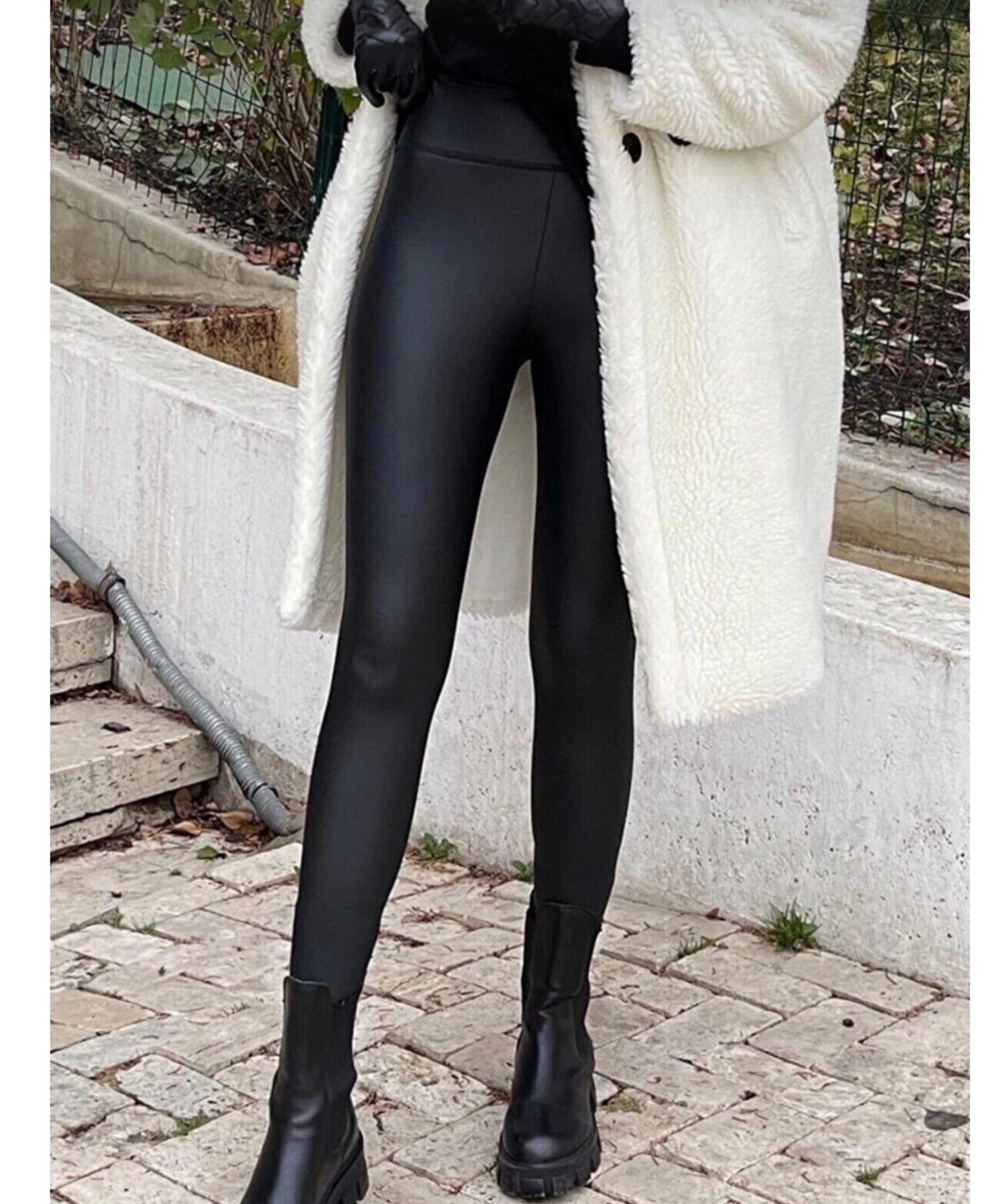 Bund Fleece Kunstleder Hose Thermoleggings Hoher Leder Leggings Winter Leggings Thermo gefüttert innen - fashionshowcase