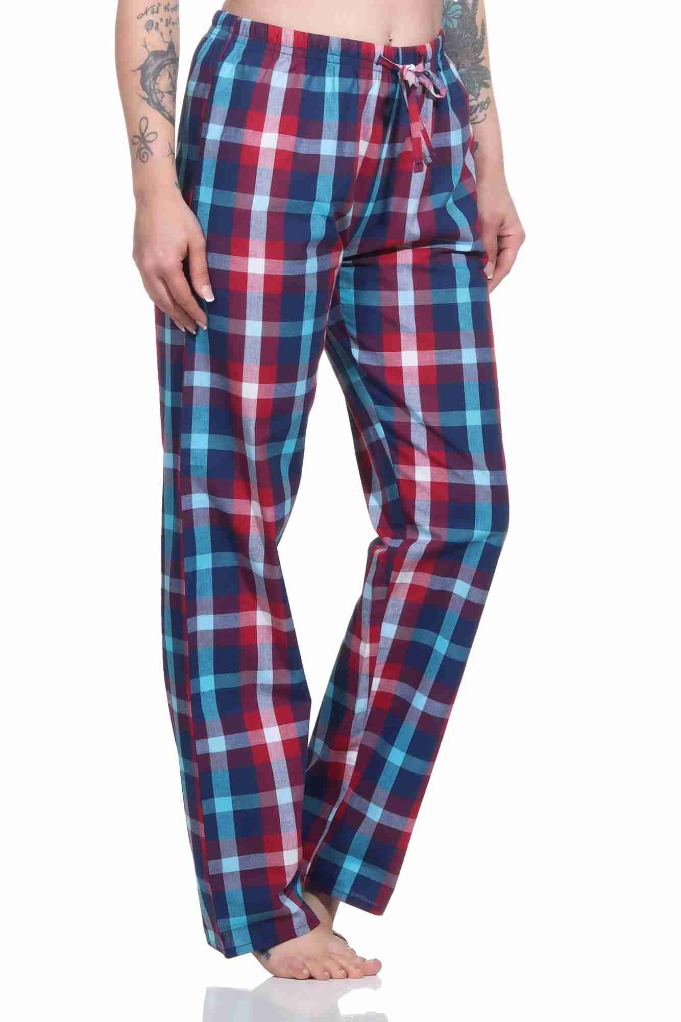 – gewebt Damen Pyjama lang zum aus Baumwolle ideal Schlafanzug Hose relaxen rot Normann