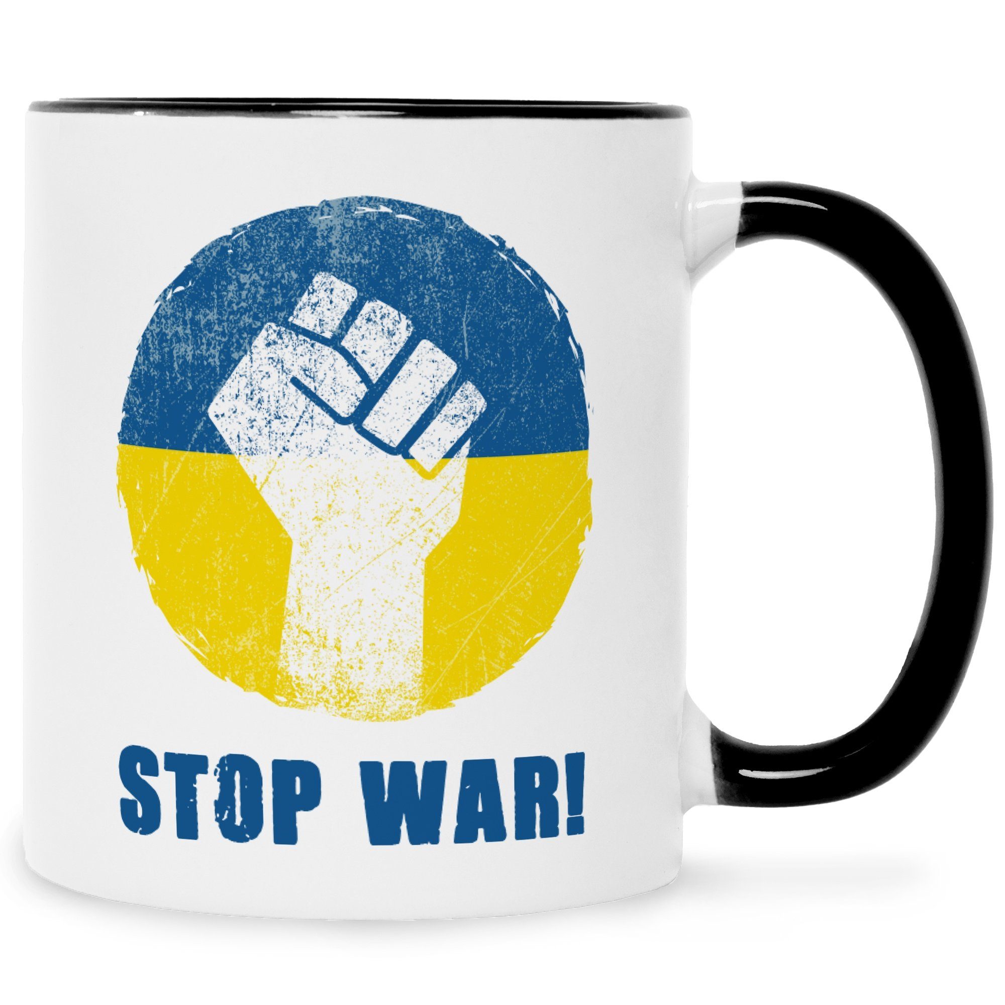GRAVURZEILE Tasse Bedruckte Tasse - Stop War - Frieden für die Ukraine, Keramik, bedruckte Statement Tasse zum Ukraine Konflikt Schwarz Weiß