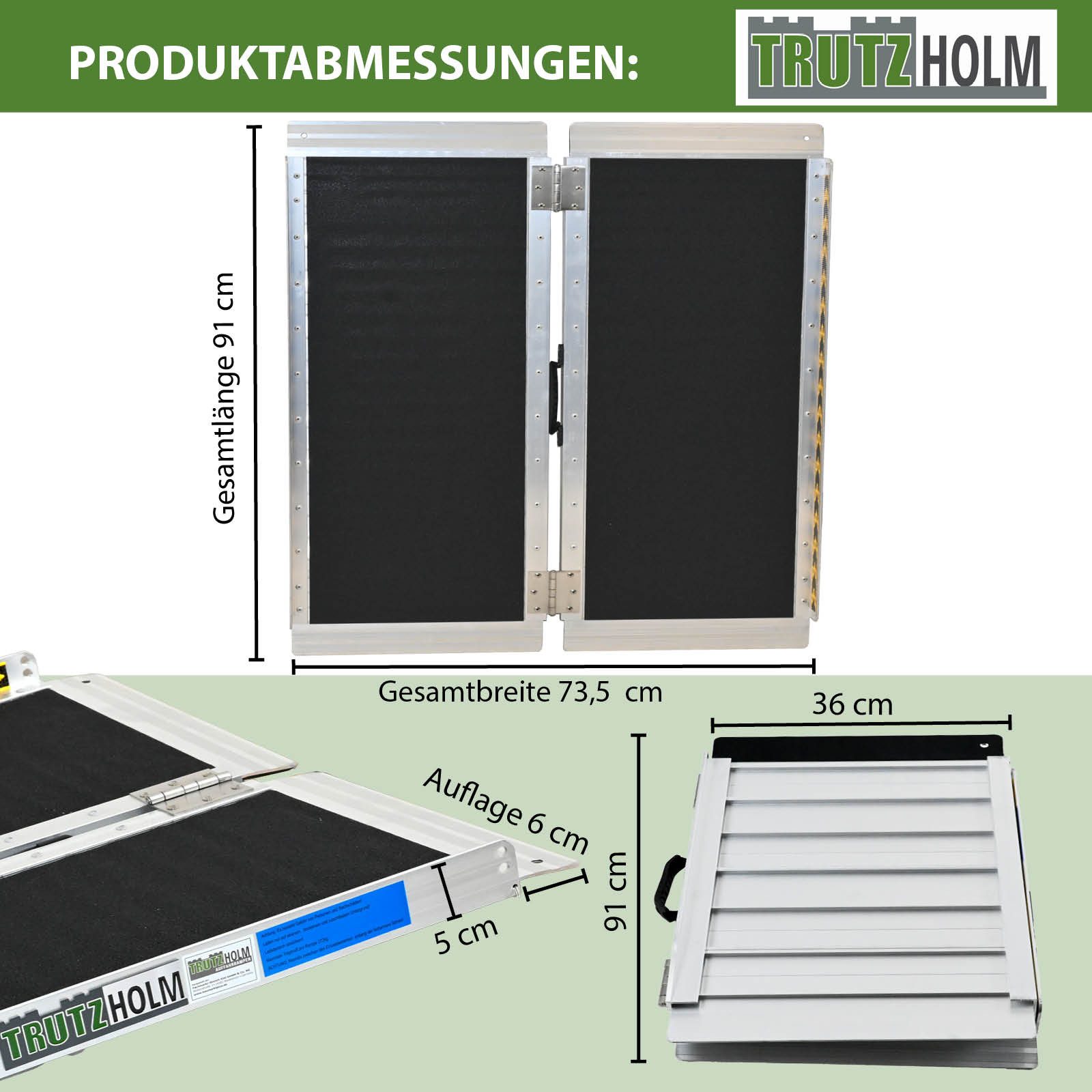 TRUTZHOLM Auffahrrampe Rollstuhlrampe klappbar 91 cm Traglast 272 kg Alu grau schwarz (set, 1-St), beschichtet