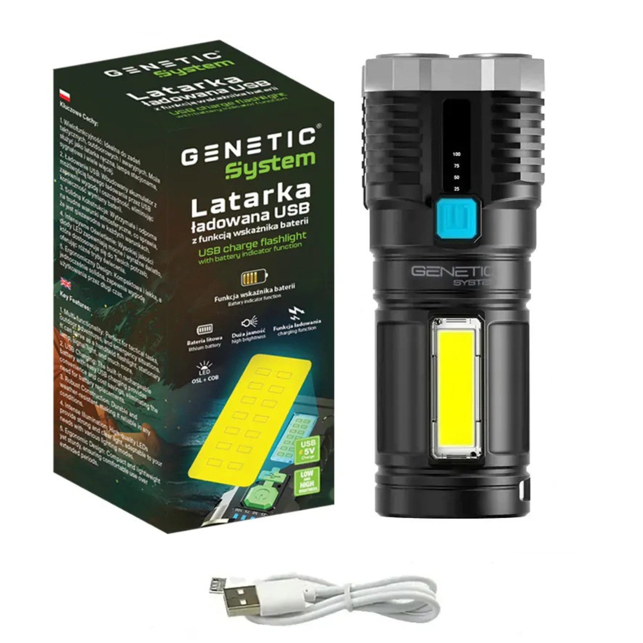GENETIC System Taschenlampe Militärische taktische LED-Taschenlampe USB 1200 mAh (Outdoor-Taschenlampen-Set mit wiederaufladbarem Akku, Taktische Taschenlampe mit USB-Aufladung und 4 Lichtmodi), Robustes ABS-Gehäuse, USB-aufladbar, wasserdicht IPX4