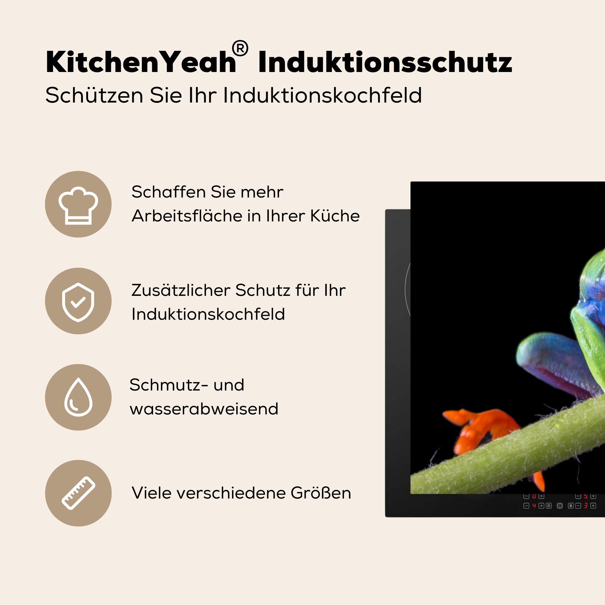 küche Ceranfeldabdeckung, - tlg), 83x51 MuchoWow Herdblende-/Abdeckplatte Frosch für (1 - Arbeitsplatte Grün, cm, Vinyl, Orange