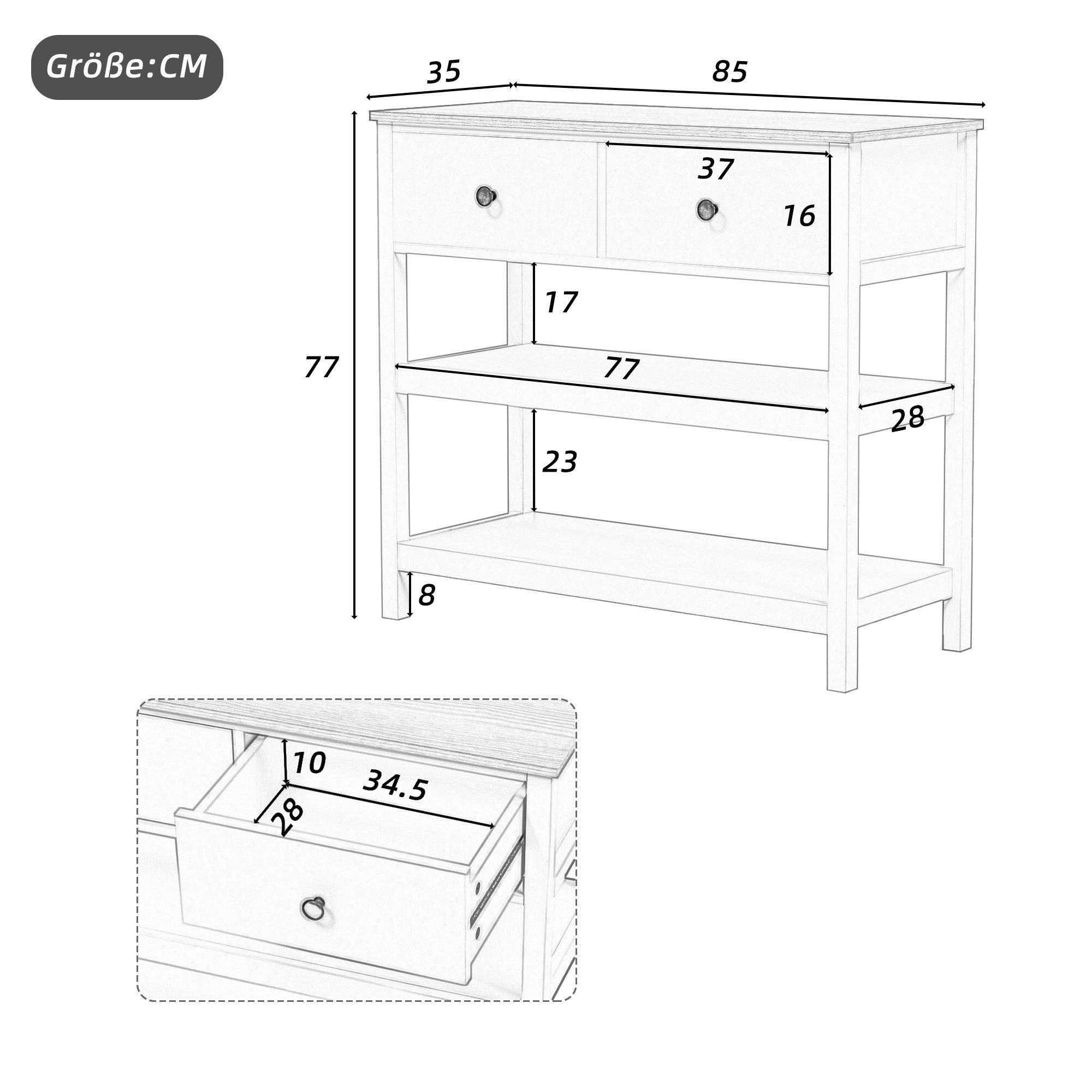 Furnishings Home Konsolentisch Holz Konsolentisch Mit Schubladen Und Offene Retro (1-St), Geeignet für Flure, Eingangsbereiche und Wohnräume Holz und Weiß