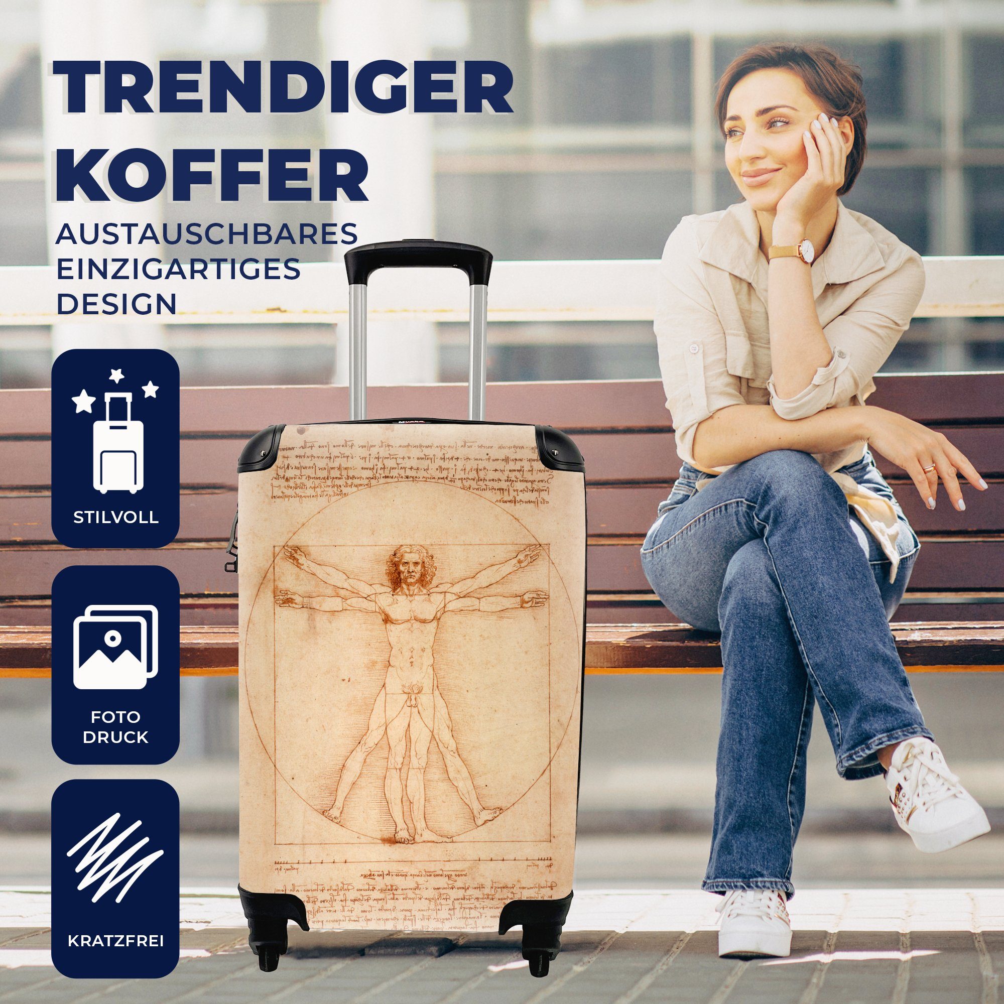 MuchoWow Handgepäckkoffer Der Reisetasche Handgepäck Mensch Ferien, Vinci, Trolley, Rollen, Reisekoffer für Leonardo rollen, vitruvianische mit da - 4