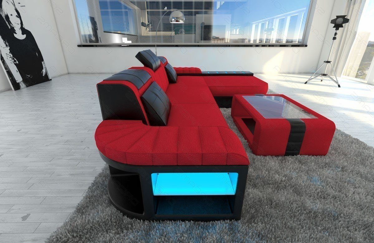 Sofa Dreams Ecksofa Polster Couch, Designersofa wahlweise Stoffsofa LED, mit Bettfunktion Rot-Schwarz mit Schlafsofa, Stoff L C134 Sofa als Bellagio Form