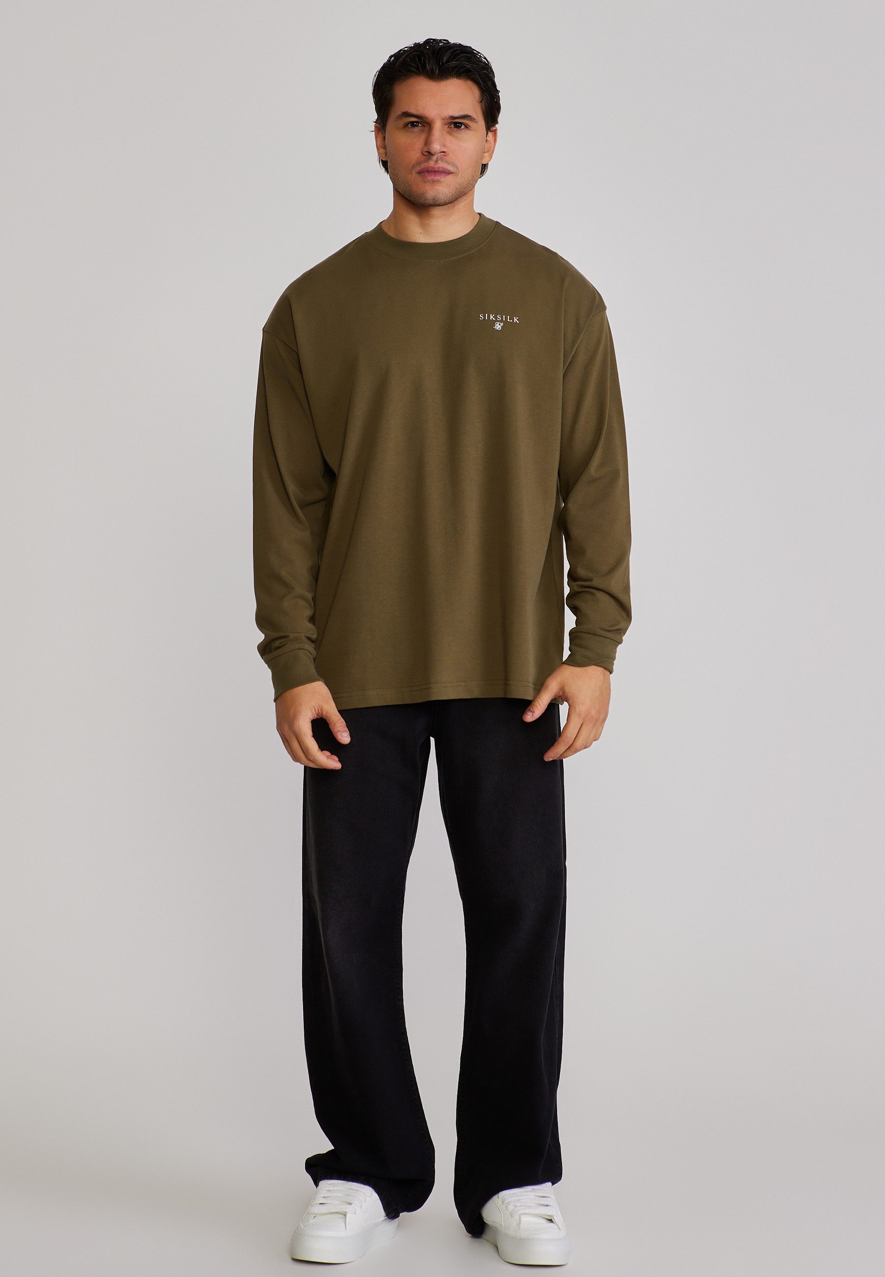 Siksilk T-Shirt SikSilk Herren Khaki Grün Long Sleeve T-Shirt