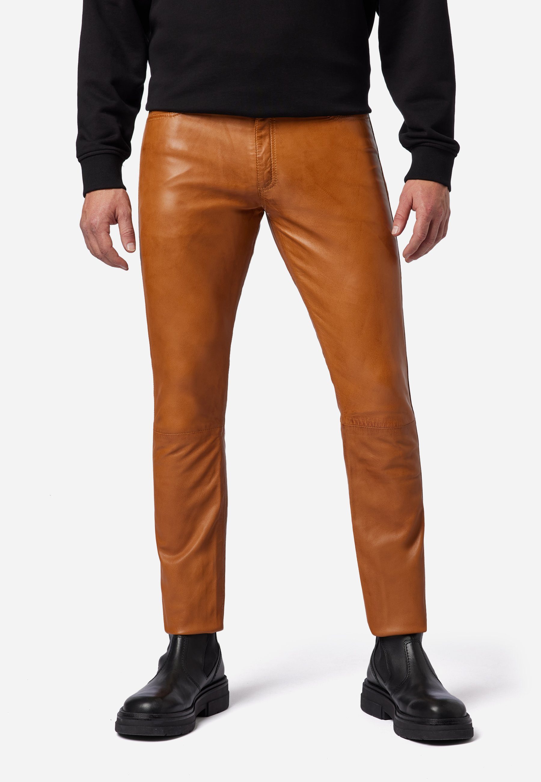 RICANO Lederhose No. 3 TR – Slim Fit Hochwertiges Lamm Leder - 5-Pocket Stil / Lederjeans Cognac Braun