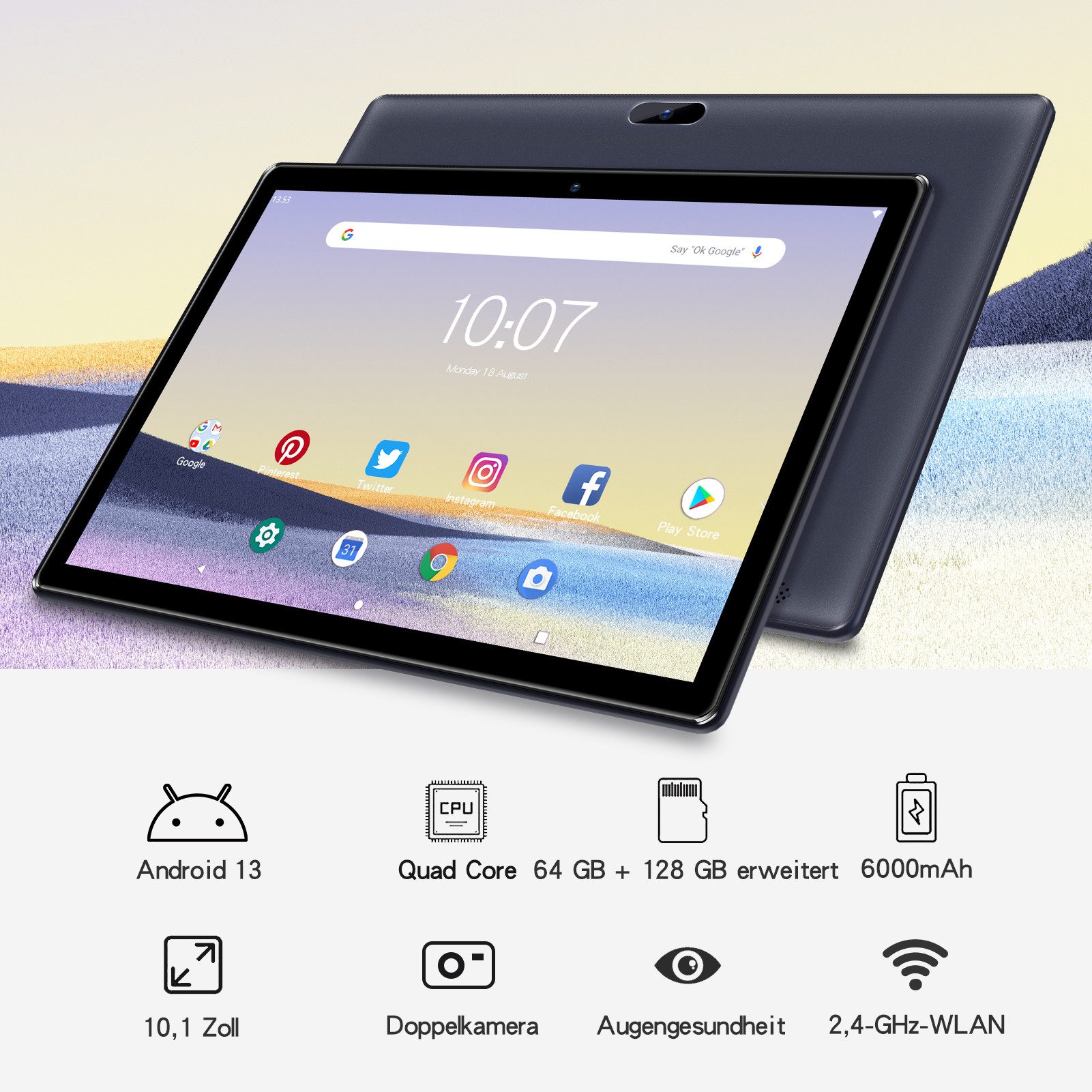 PRITOM Touch10 Tablet-PC 10 Zoll, 64 GB, WLAN, Bluetooth Tablet (10.1 Zoll Tablet", 64 GB, Erweiterbarer Speicher-Tablet) schwarz
