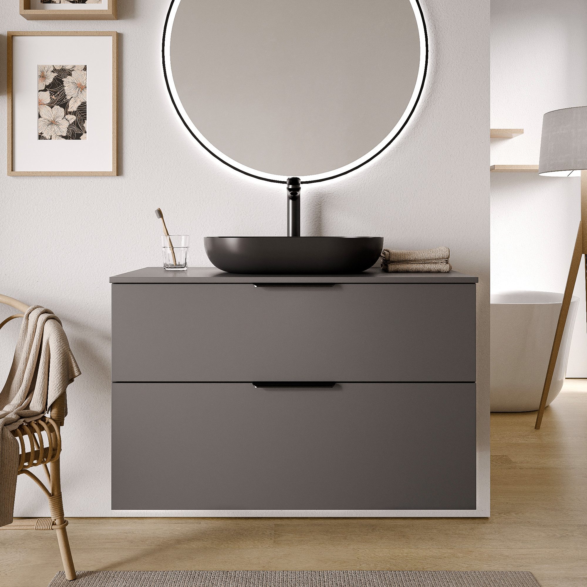 Bernstein Waschbeckenunterschrank TIM 100cm Anthrazit matt PLATTE Weiß matt Waschtischunterschrank 2 Schubladen