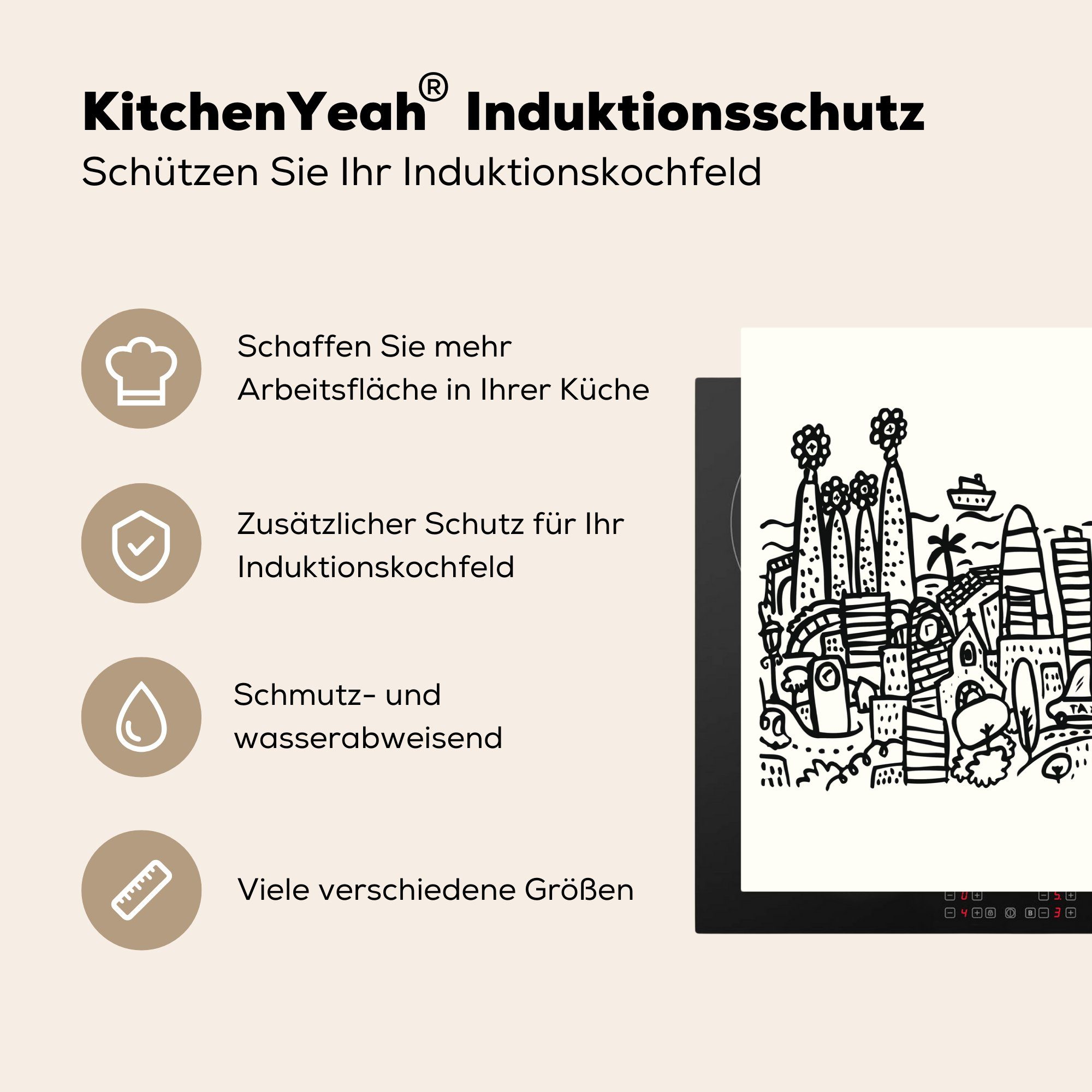 MuchoWow Herdblende-/Abdeckplatte Eine Illustration Mobile wichtigsten seinen Ceranfeldabdeckung von Bauwerken, mit 70x52 cm, (1 tlg), nutzbar, Barcelona Vinyl, Arbeitsfläche