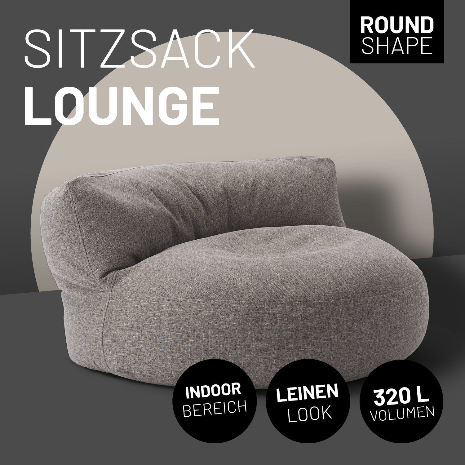 In-& 90x90x50cm Sitzsack Sitzkissen Bean inkl. Sofa Couch Round Outdoor Lumaland Bag Rückenlehne Lounge, hellgrau
