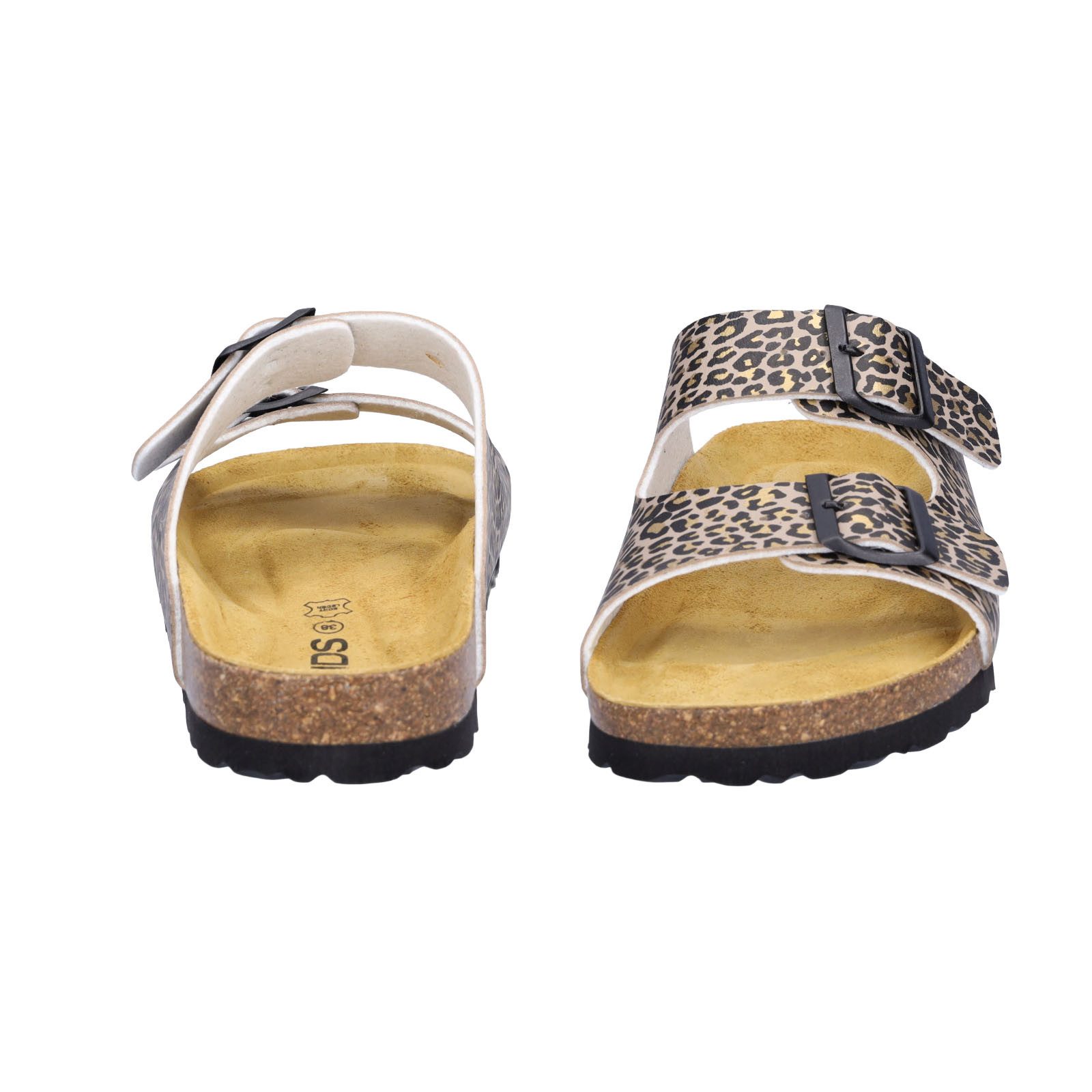 MIDS MOMO Damen Pantolette leo Animalprint, Zweiriemer mit ergonomischem Fußbett & Schnallen
