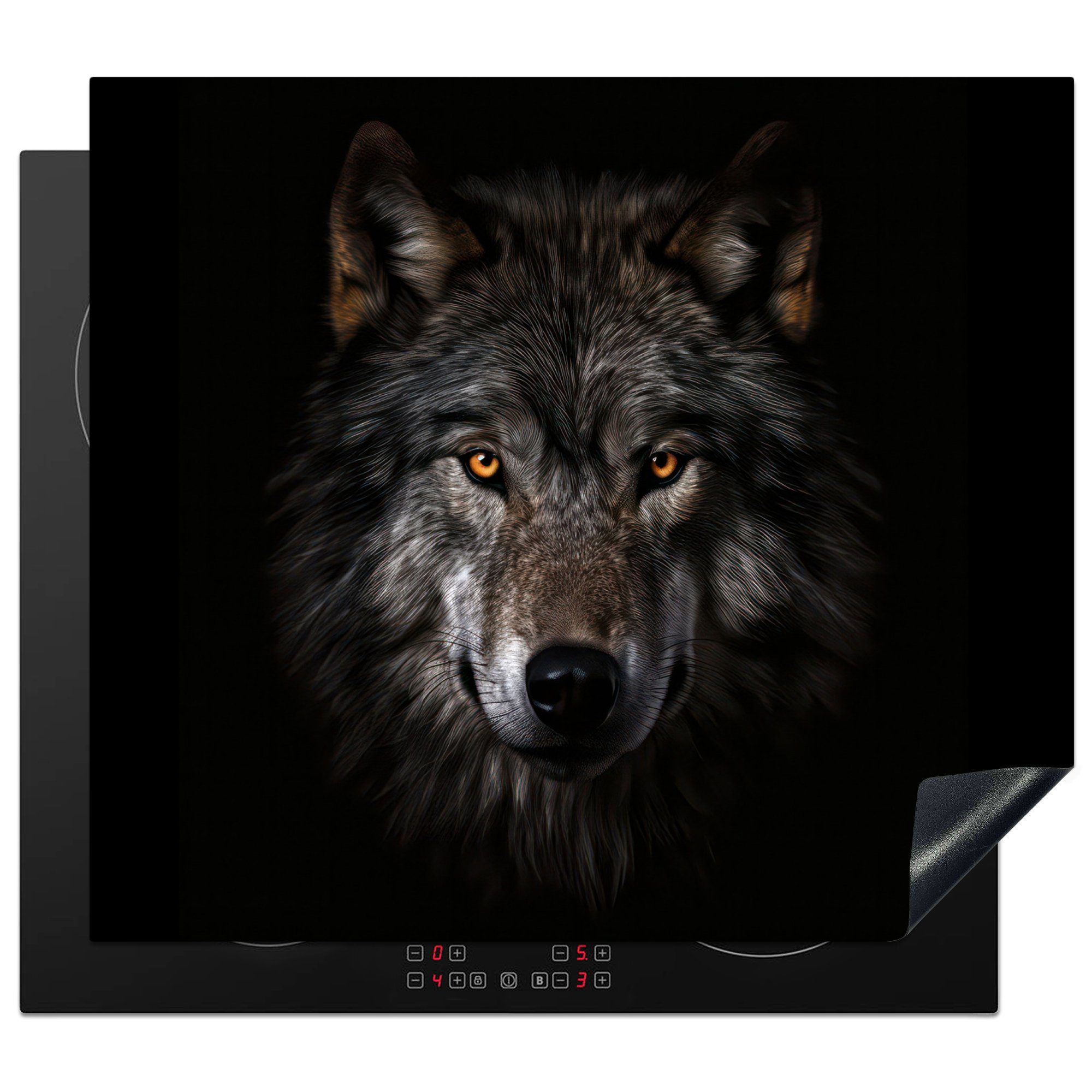 MuchoWow Herdblende-/Abdeckplatte Wildtiere - Wolf - Porträt - Schwarz, Vinyl, (1 tlg), 60x52 cm, Mobile Arbeitsfläche nutzbar, Ceranfeldabdeckung