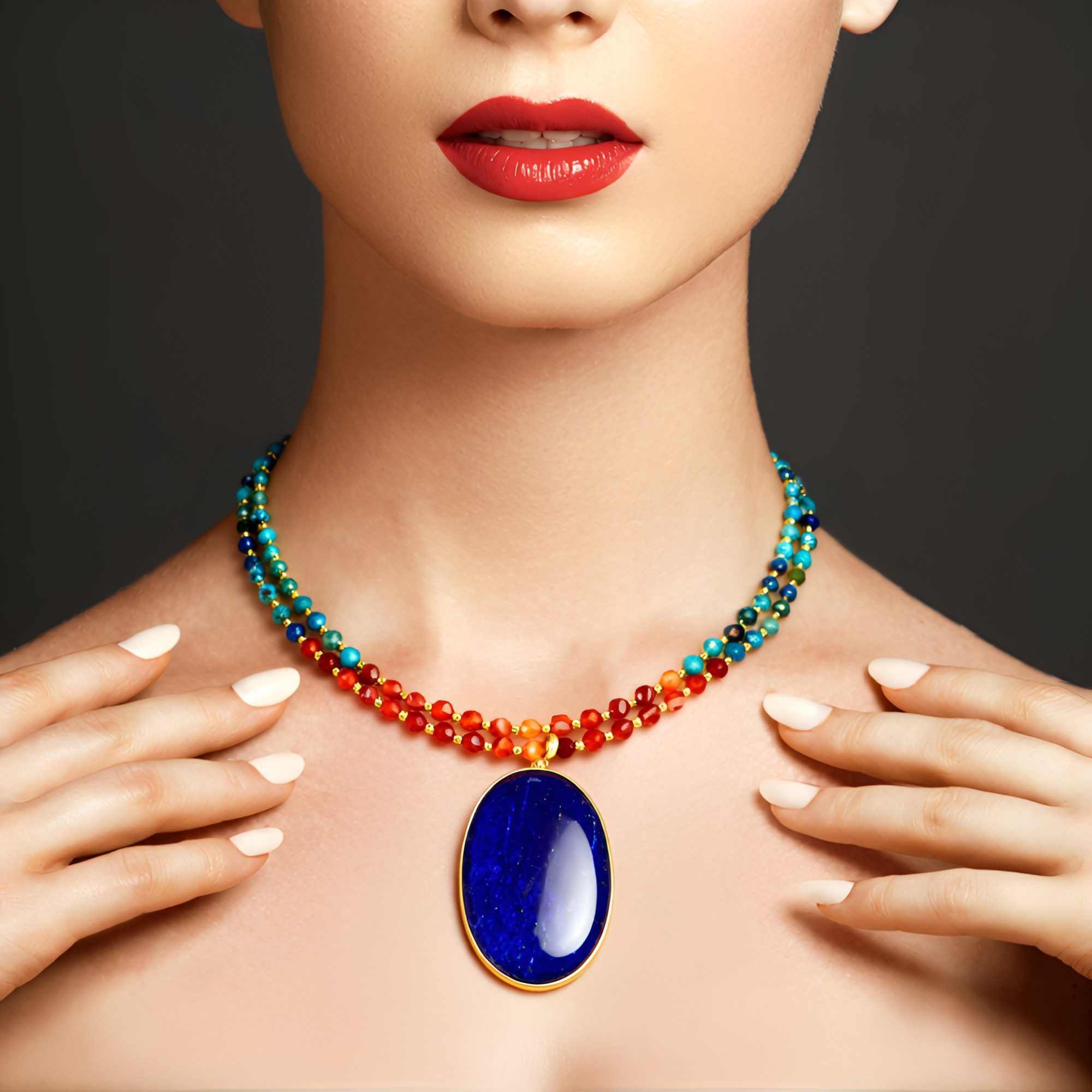 Cavill Silberkette Lapislazuli 150,08 ct Oval Cabochon, 925 Silber vergoldet mit Perlen (1-tlg)