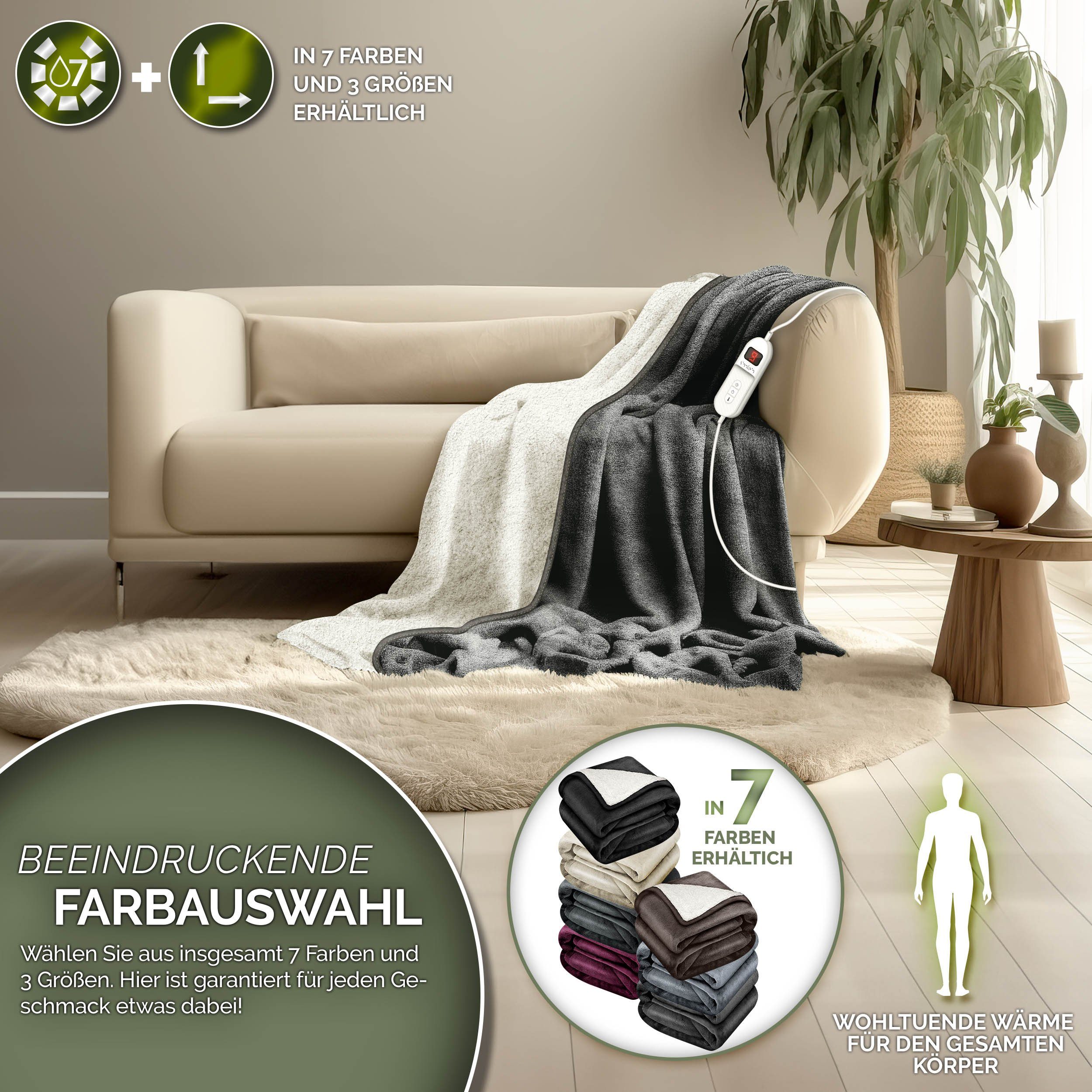 sinnlein Heizdecke mit Abschaltautomatik Elektrische Wärmedecke, mit 9 Temperaturstufen Kuscheldecke Bett, Sofa, Decke elektrisch mit Timer Digitalanzeige, 9 Temperaturstufen