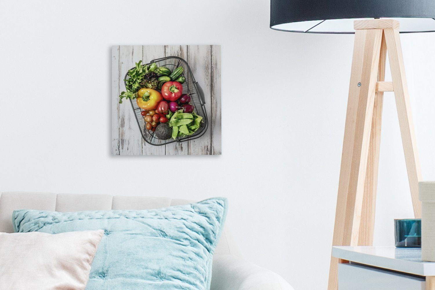 einen Leinwandbild Leinwand Draufsicht Gemüsesorten, mit Wohnzimmer (1 Bilder Schlafzimmer St), Korb verschiedenen auf für OneMillionCanvasses®