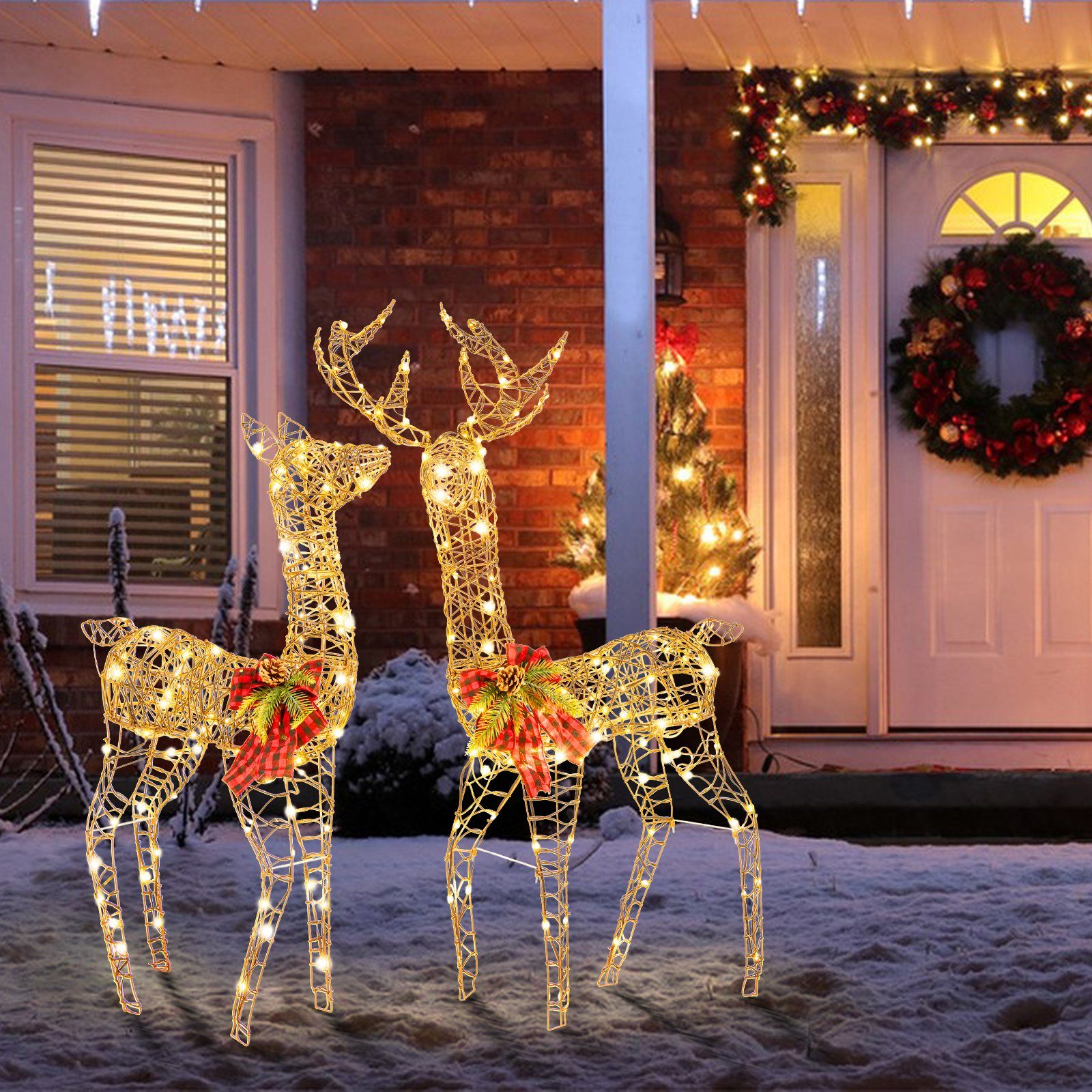 COSTWAY Weihnachtsfigur, 2-teilige LED Rentier Familie mit 200 LEDs