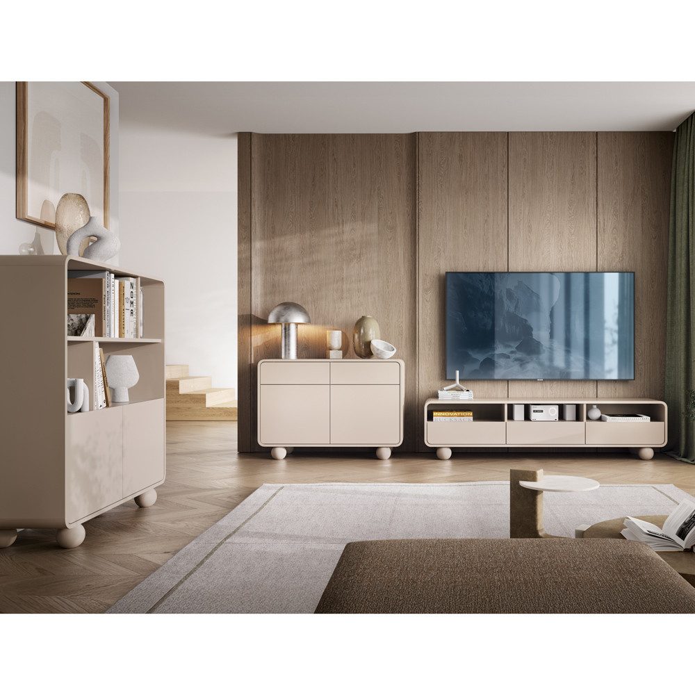 Lomadox Wohnwand ALBINIA-160, (3-St., Highboard Kommode Lowboard), Kaschmir Wohnmöbel mit Kugelfüßen, minimalistisch, grifflos, modern