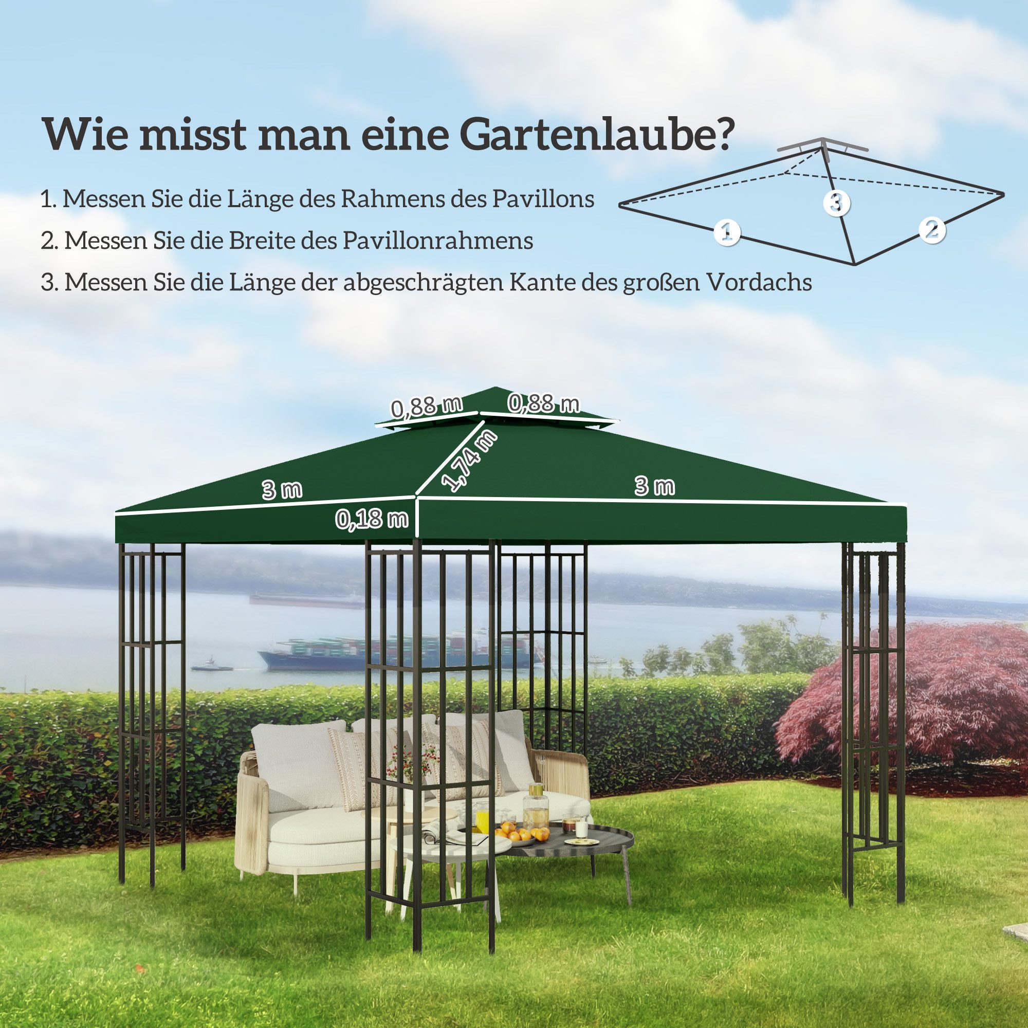 Outsunny Pavillon-Ersatzdach Pavillondach mit Doppeldach, Ablauflöcher, Ersatzbezug, 180 g/m², 300 x 300 cm (Gartenpavillonersatzdach, Ersatzdach), für Garten, Balkon, Grün