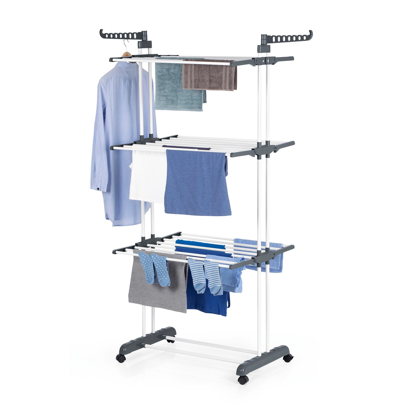 EASYmaxx Wäscheständer Effizientes Trocknen mit 3 Ebenen, 2 Seitenflügeln & leichtem Aufbau, Klappbar Platzsparend, vielseitig und mobil für drinnen und draußen