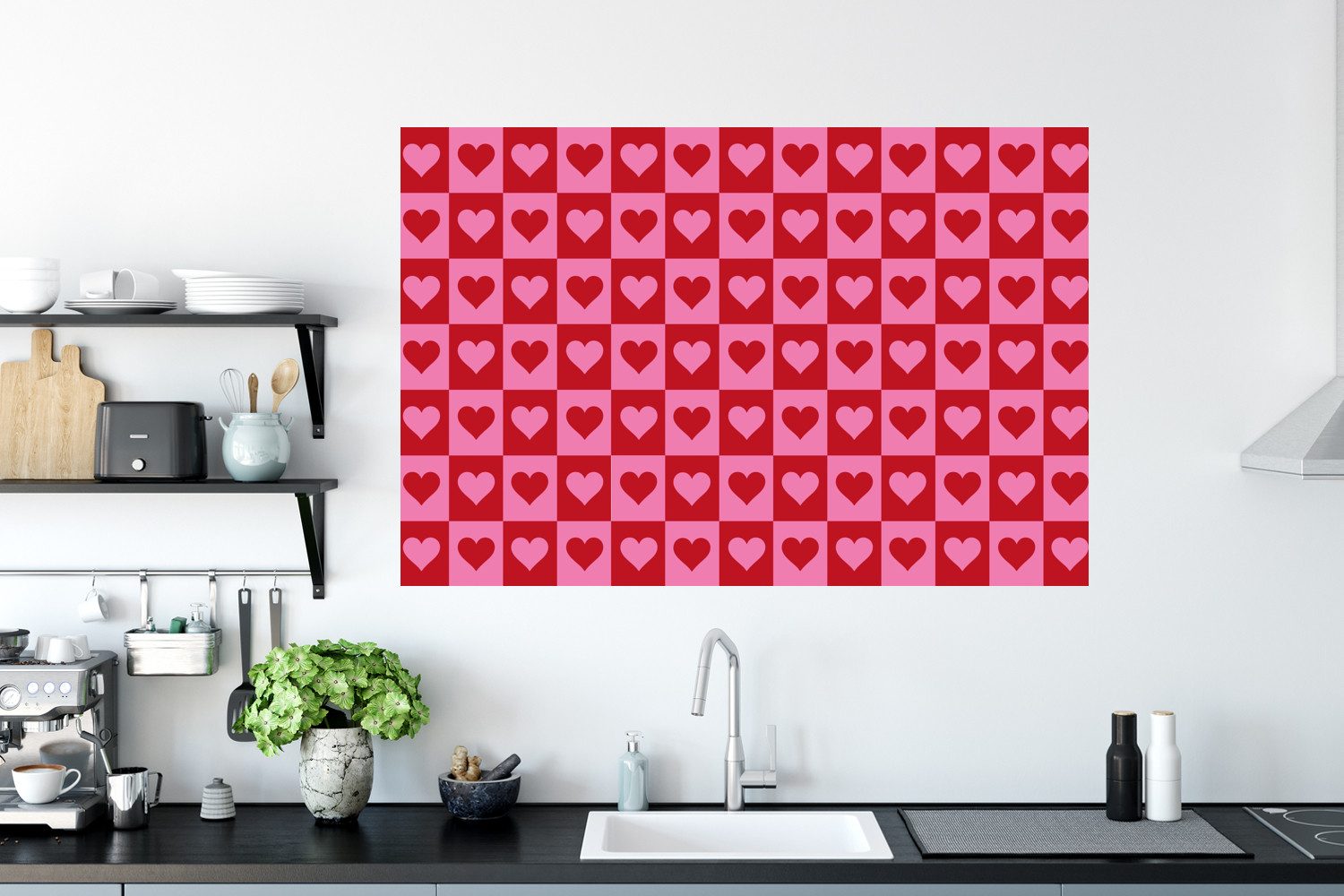 MuchoWow Wandsticker Rot - Rosa - Schachbrett - Valentinstag (1 St), Wanddeko, Aufkleber, Wandtattoo, 120x80 cm
